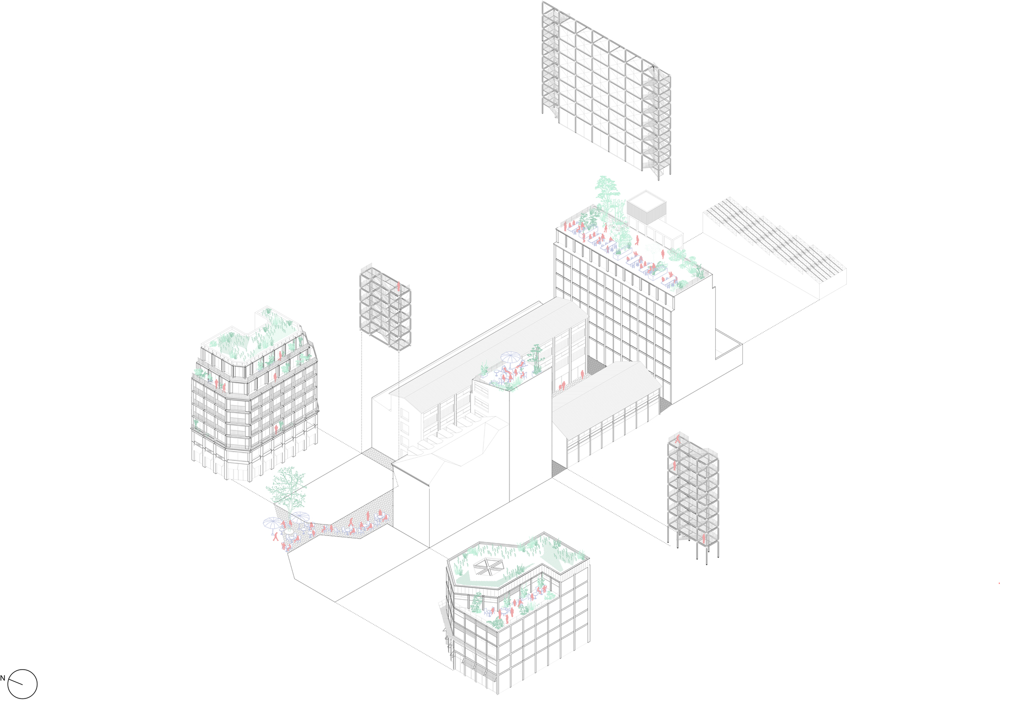 Exploded axonometric drawing of separate buildings and structural frames, with planted rooftops and small figures scattered across the terraces