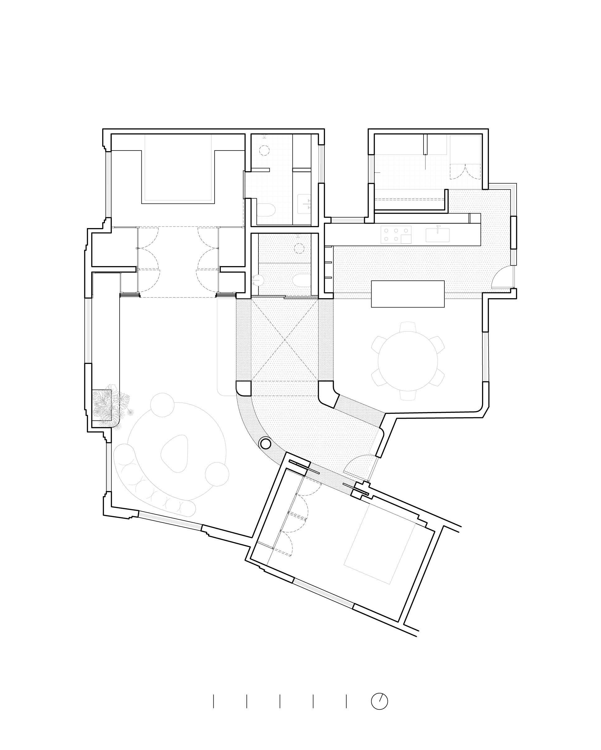 Floor plan drawing of an apartment with curved central passage, two bedrooms, bathrooms, kitchen and dining table, and a round seating area