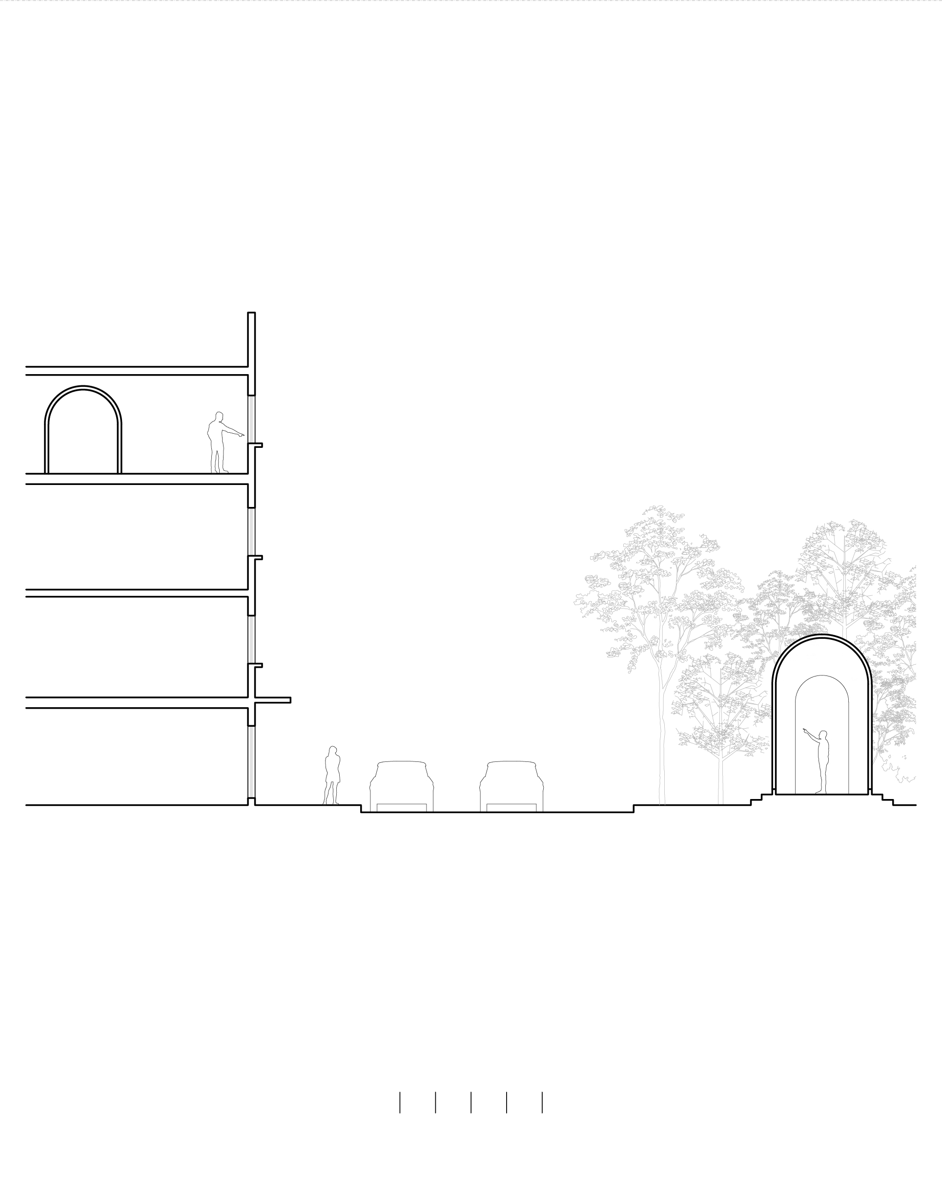 Section drawing of a multistorey building facing a street with two parked cars, and an arched pavilion among trees across the road