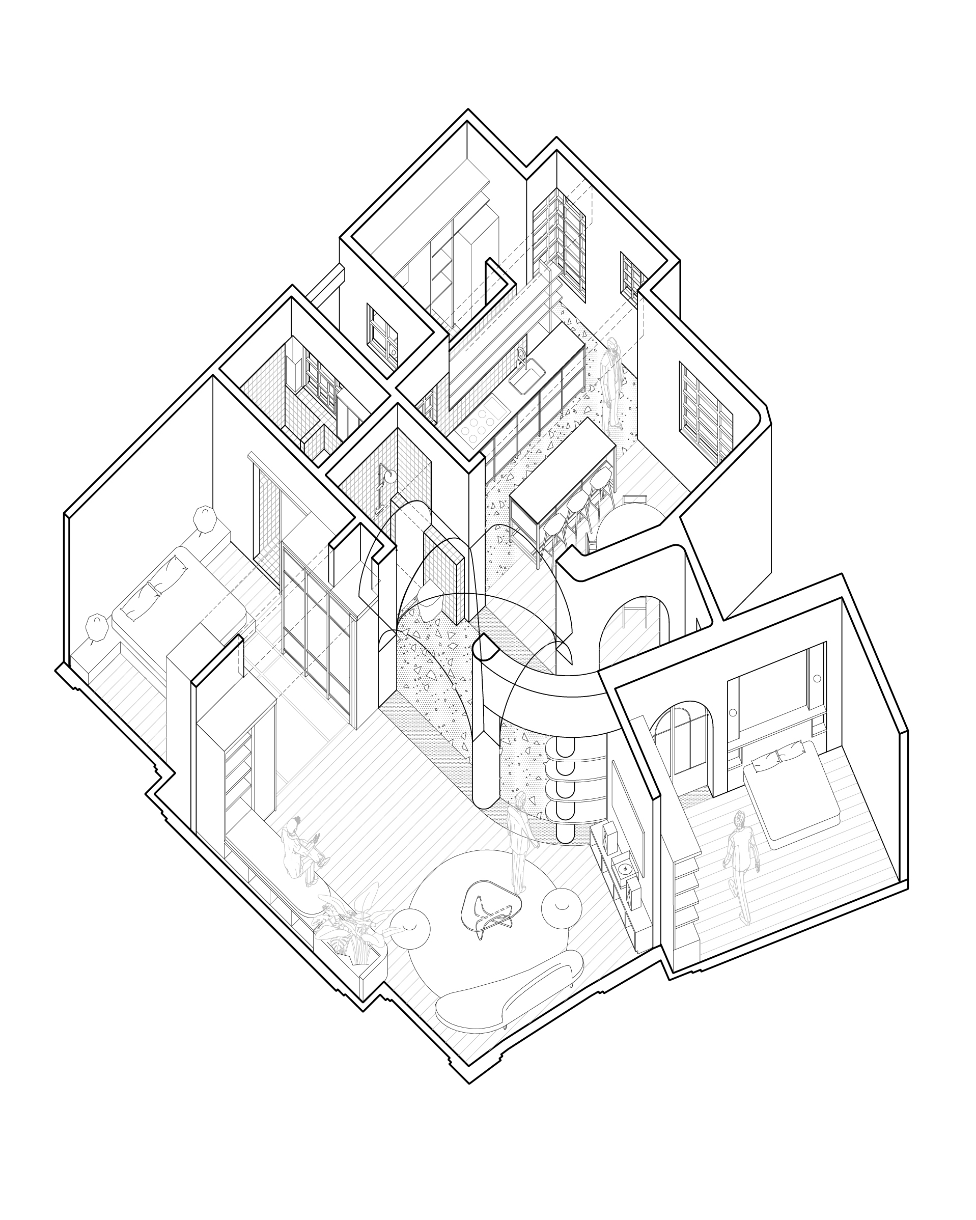 Axonometric drawing of the apartment cut open, showing the curved terrazzo passage linking living area, bedrooms, bathrooms and kitchen, with figures inside