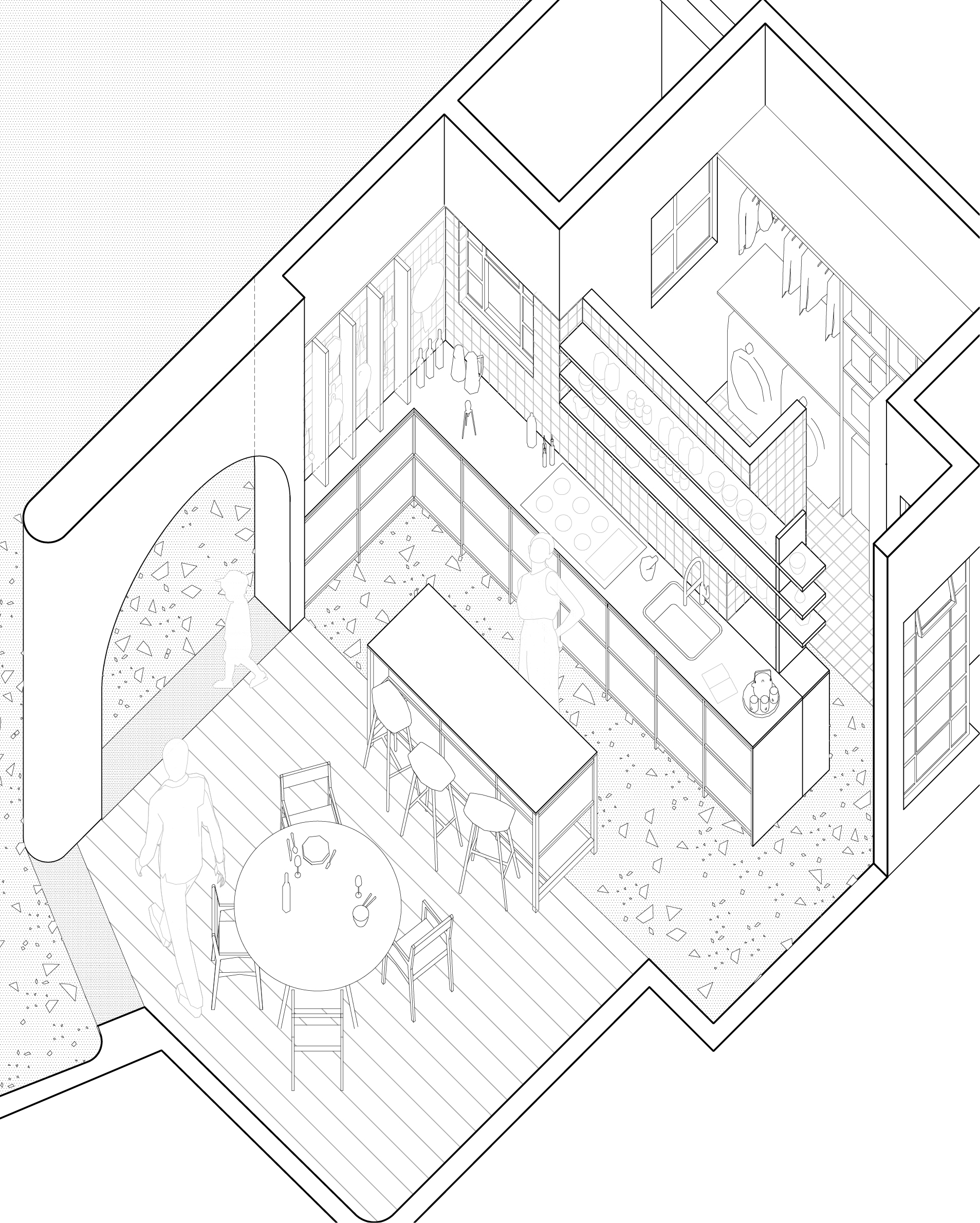 Axonometric drawing of the kitchen and dining area, showing the island with stools, round table, open shelving, laundry room and figures standing