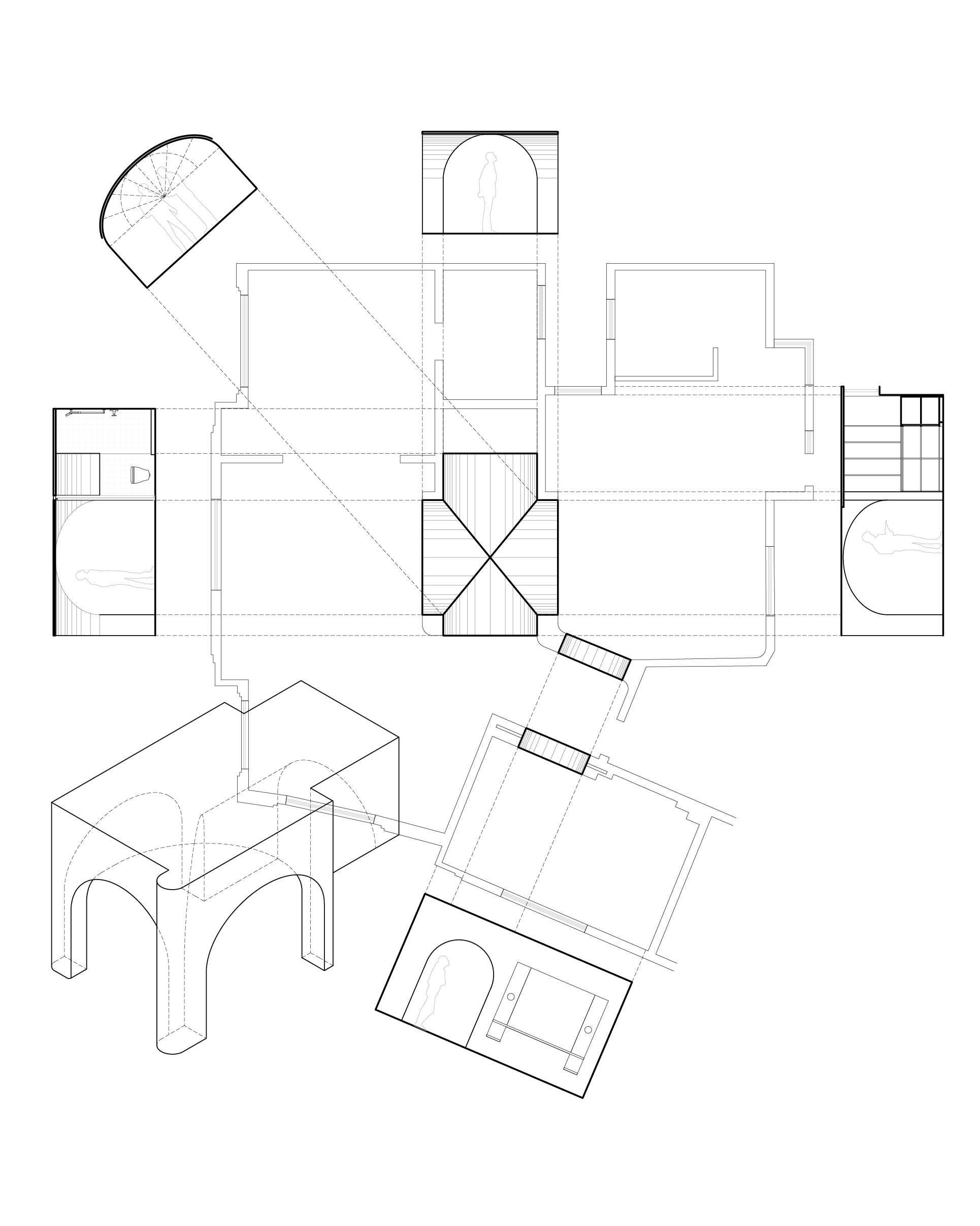 Exploded axonometric drawing around a floor plan, with arched section views and a vaulted volume pulled out from the rooms