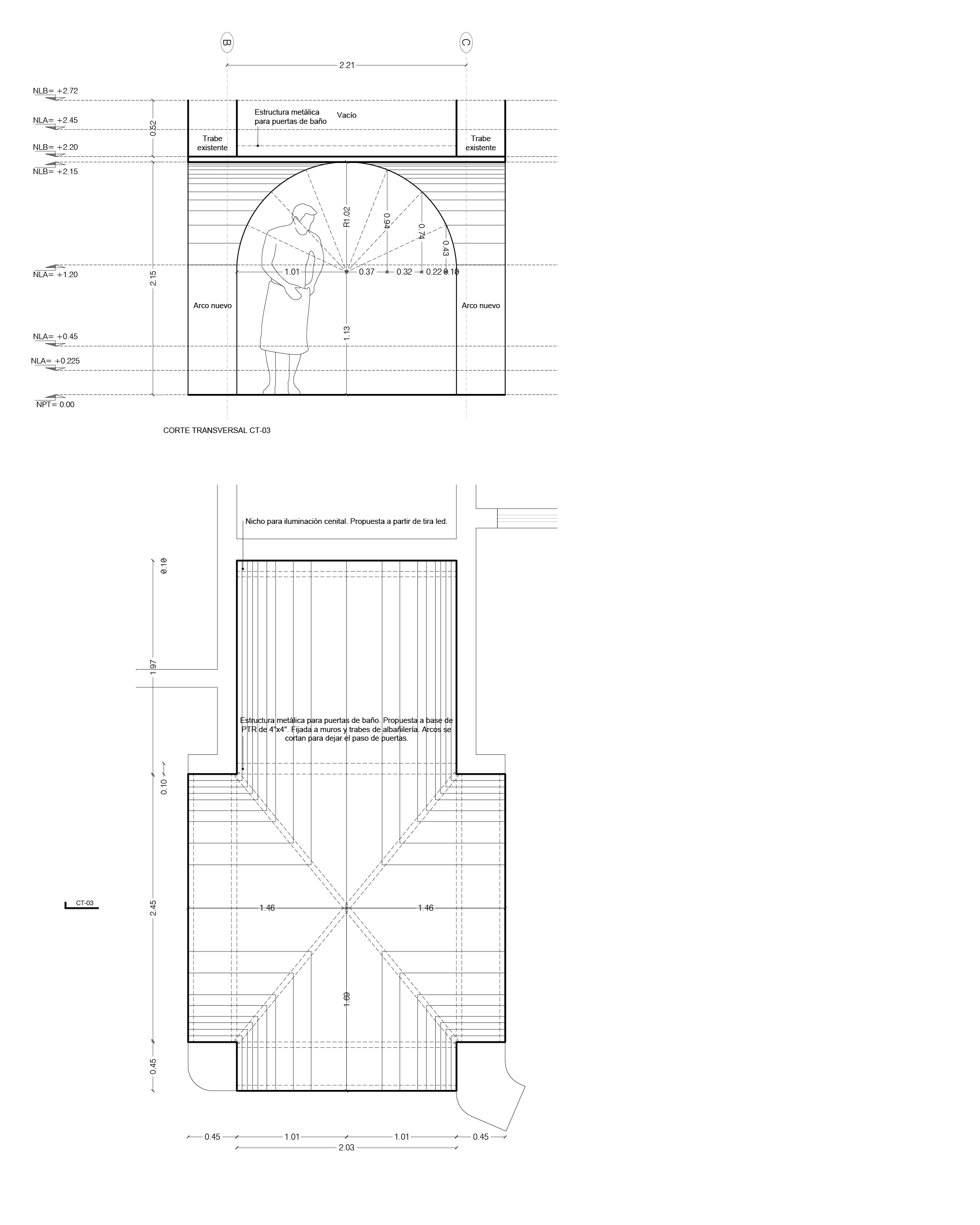 Cross section and ceiling plan drawing of an arched vaulted niche, with a standing figure for scale and dimension annotations