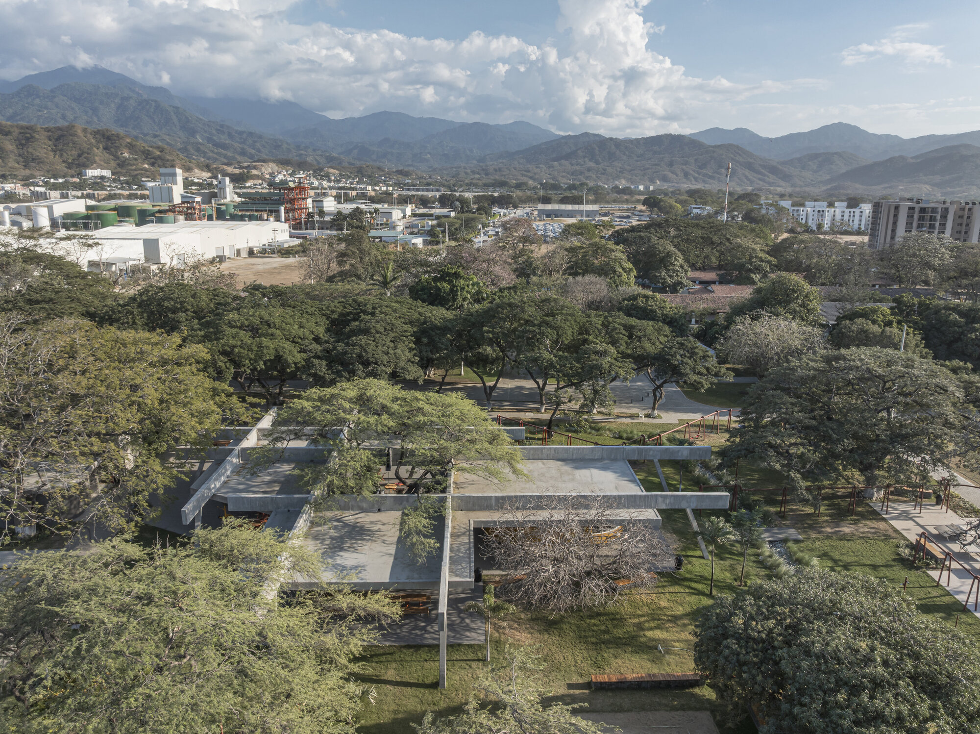 Aerial view of the flat concrete roof slabs among dense tree canopy, with mountains and industrial buildings beyond under towering clouds