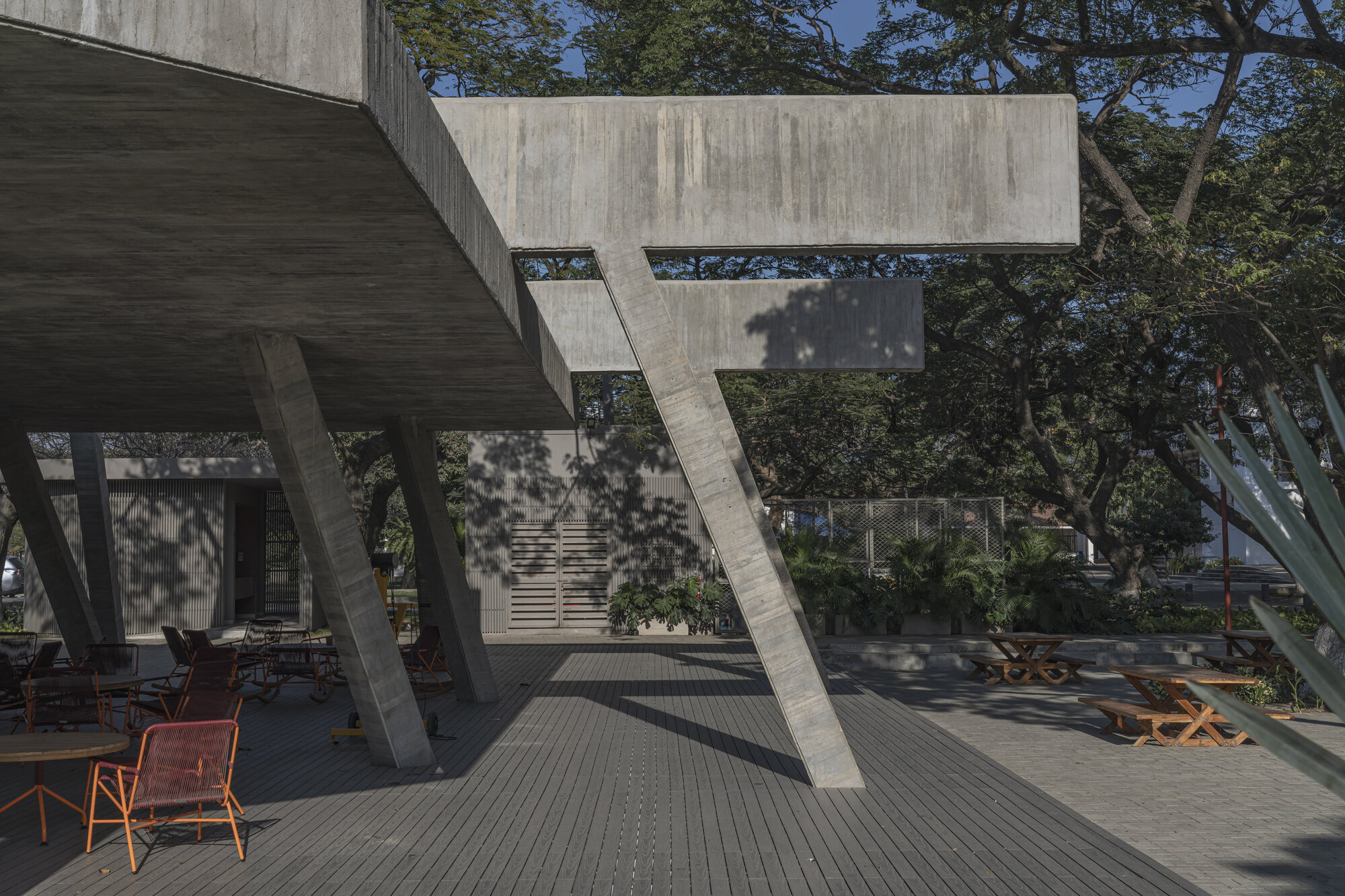 Concrete beams forking from a slanted column above a gray deck, with dappled tree shadows falling across a louvered wall