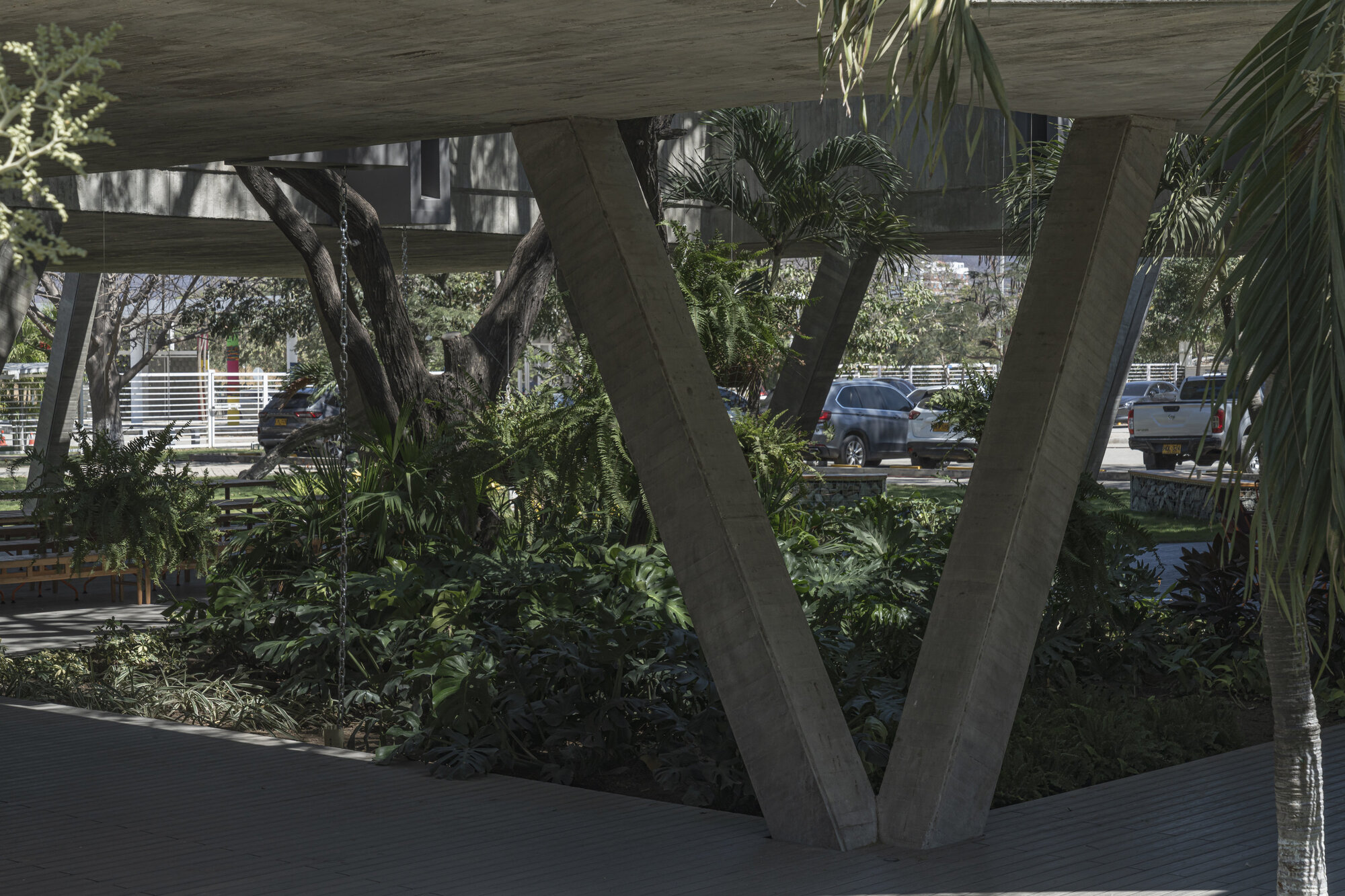 V-shaped concrete struts under a raised slab frame a planted bed, with parked cars and a white fence visible in the bright daylight beyond