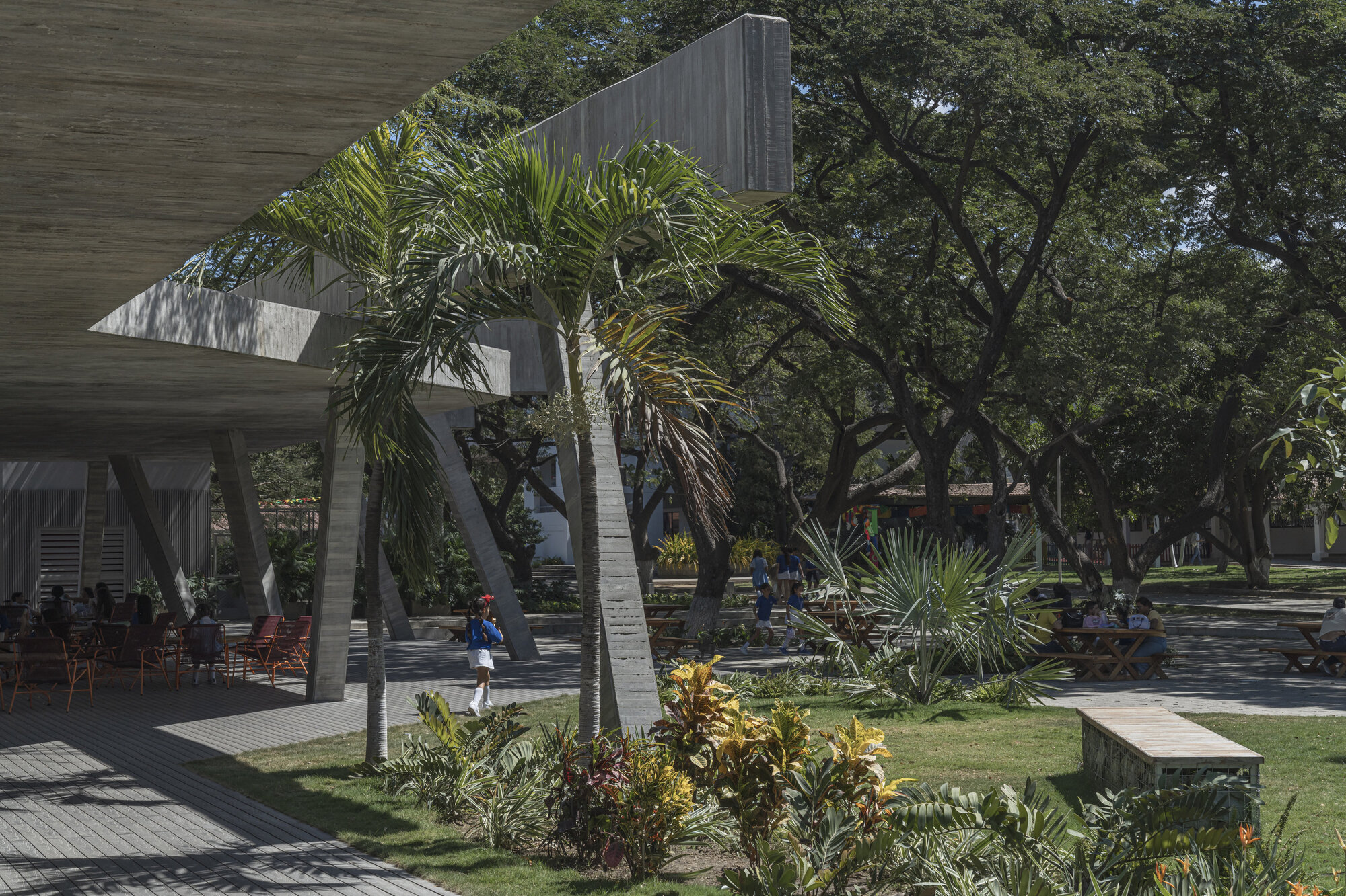 Palm tree beside slanted concrete columns and a cantilevered slab, with diners at tables and a child walking across the dappled lawn
