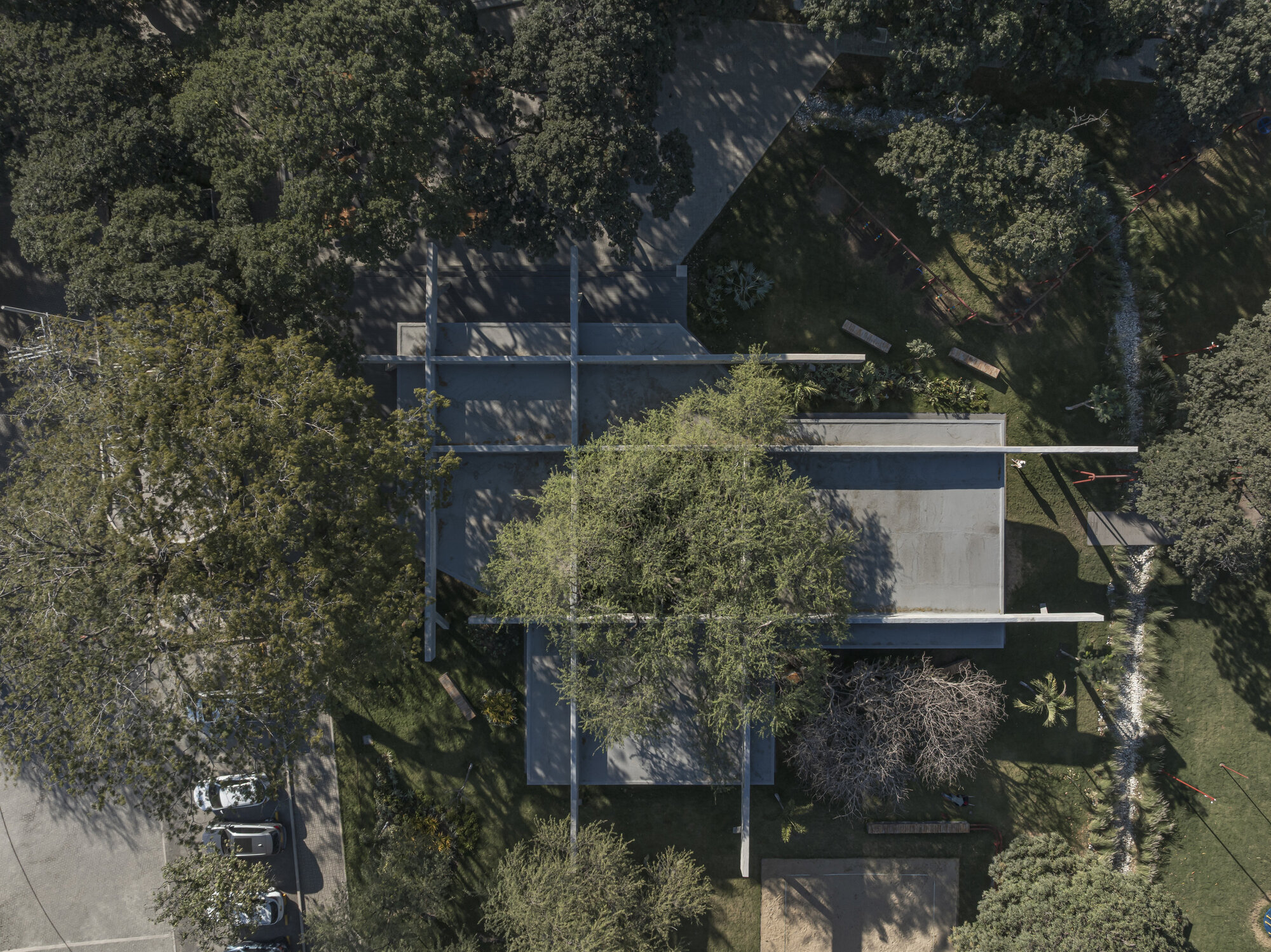 Top-down view of the gridded concrete roof and long beams around a central tree, with parked cars at the lower left