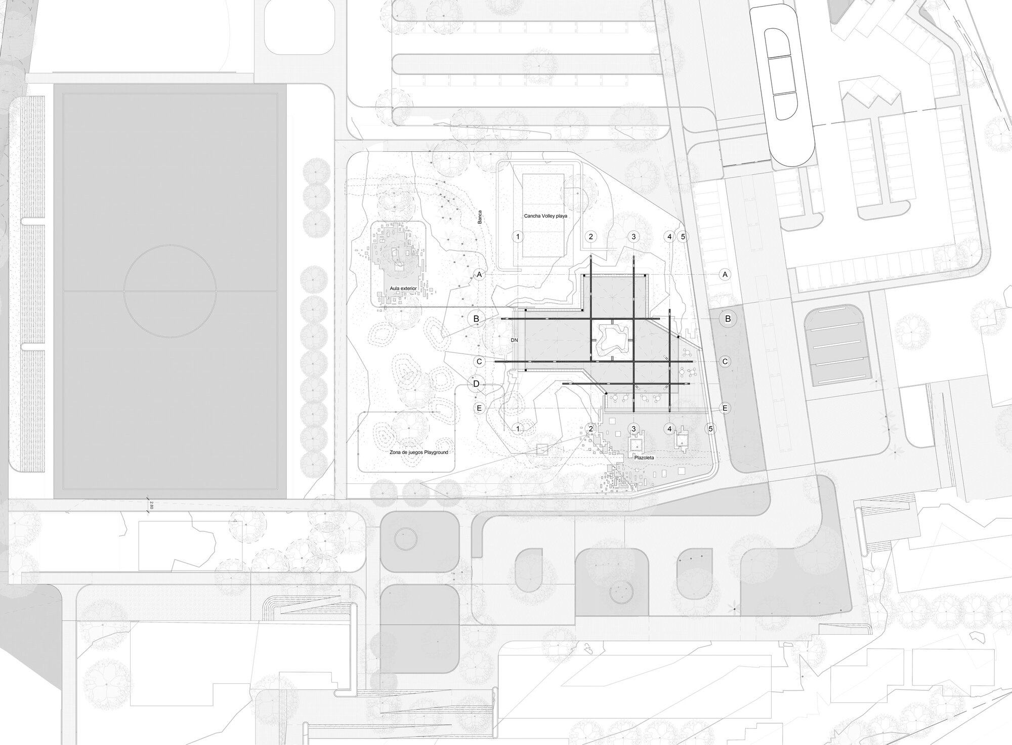 Site plan drawing showing a grid of beams over a landscaped plot between a sports field, parking lots and surrounding paths