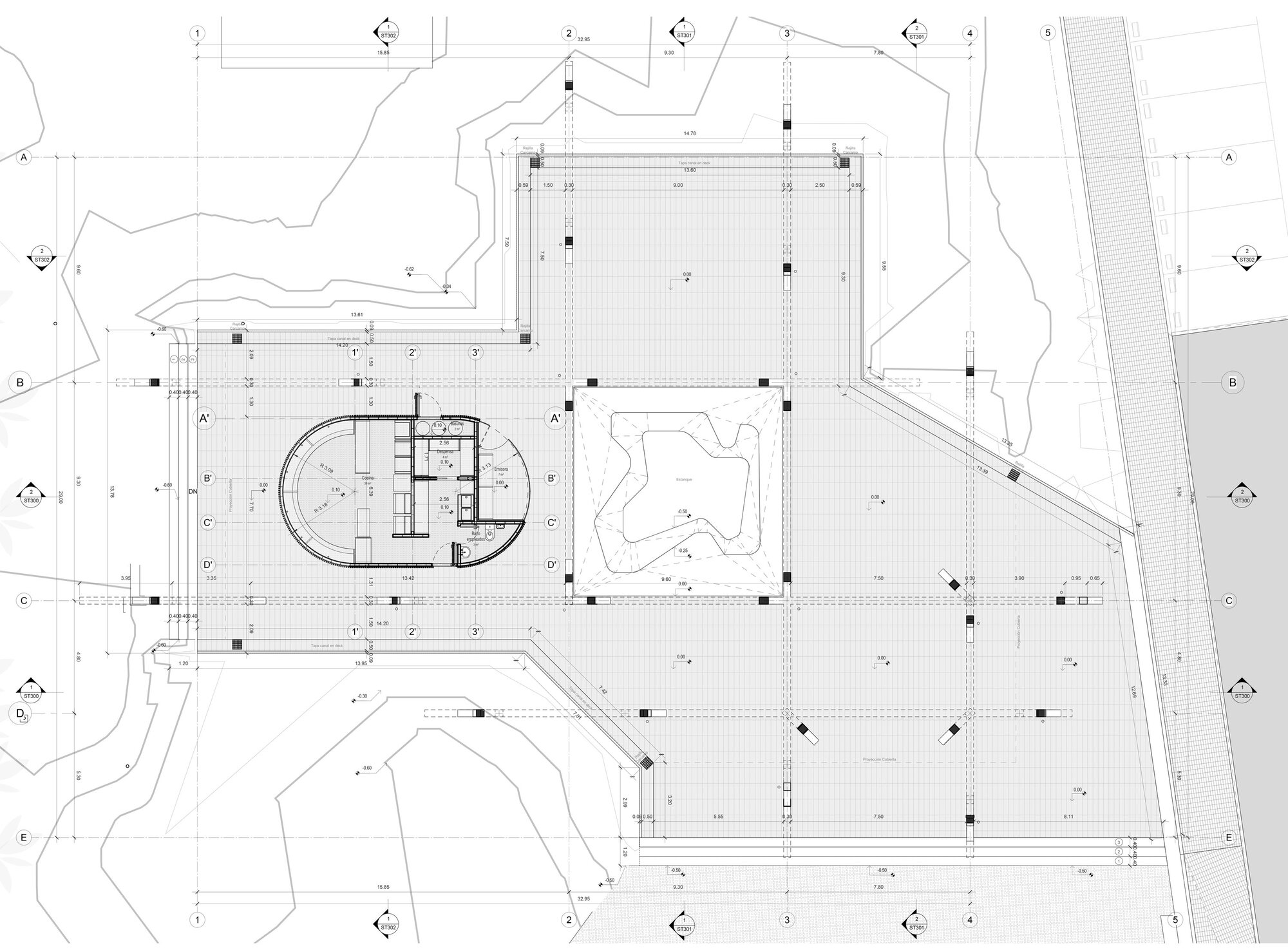 Floor plan drawing showing a rounded service core beside a square sunken courtyard, all under a grid of columns and a wide platform