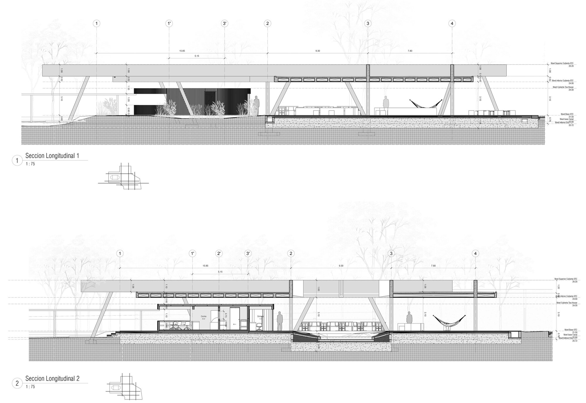 Two longitudinal section drawings showing a flat roof on slanted struts, a hammock and tree outlines in the background