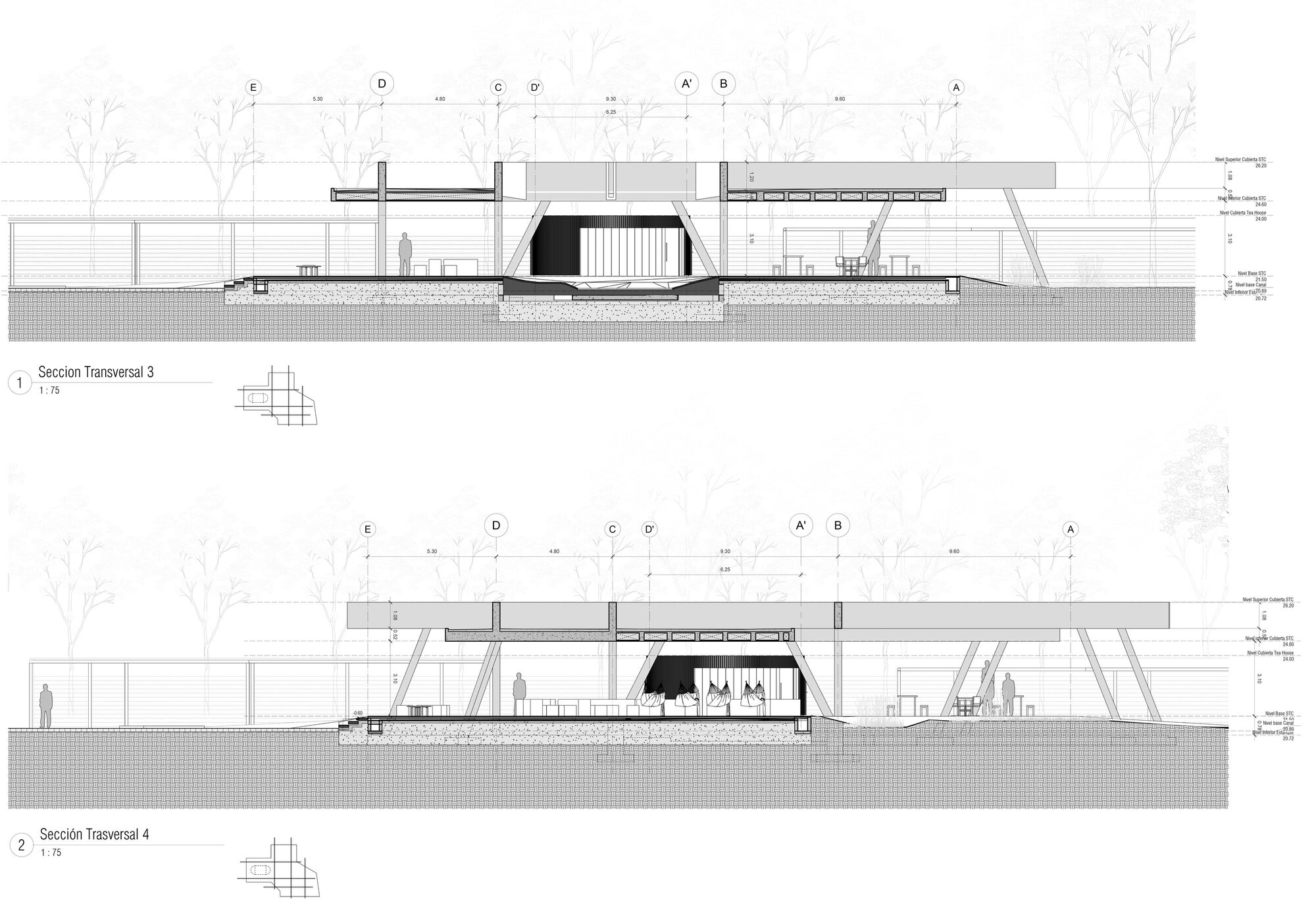 Two transversal section drawings showing a dark enclosed volume under a broad flat roof, with standing figures and tree outlines behind