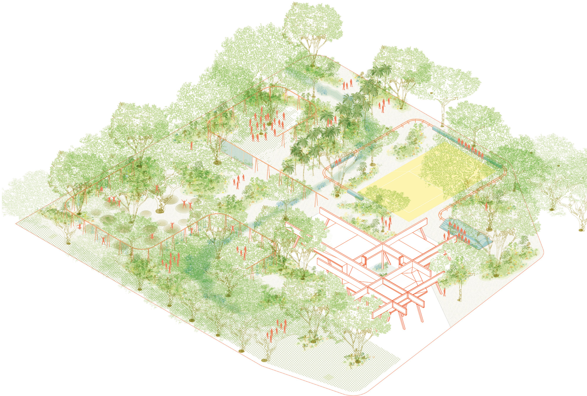 Axonometric drawing of a tree-filled site with a gridded roof structure, red figures, a yellow court and winding paths