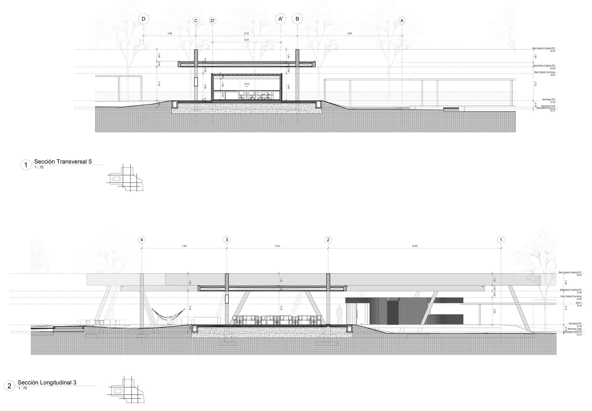 Transversal and longitudinal section drawings showing a glazed room between tall columns and a hammock beneath the long roof slab