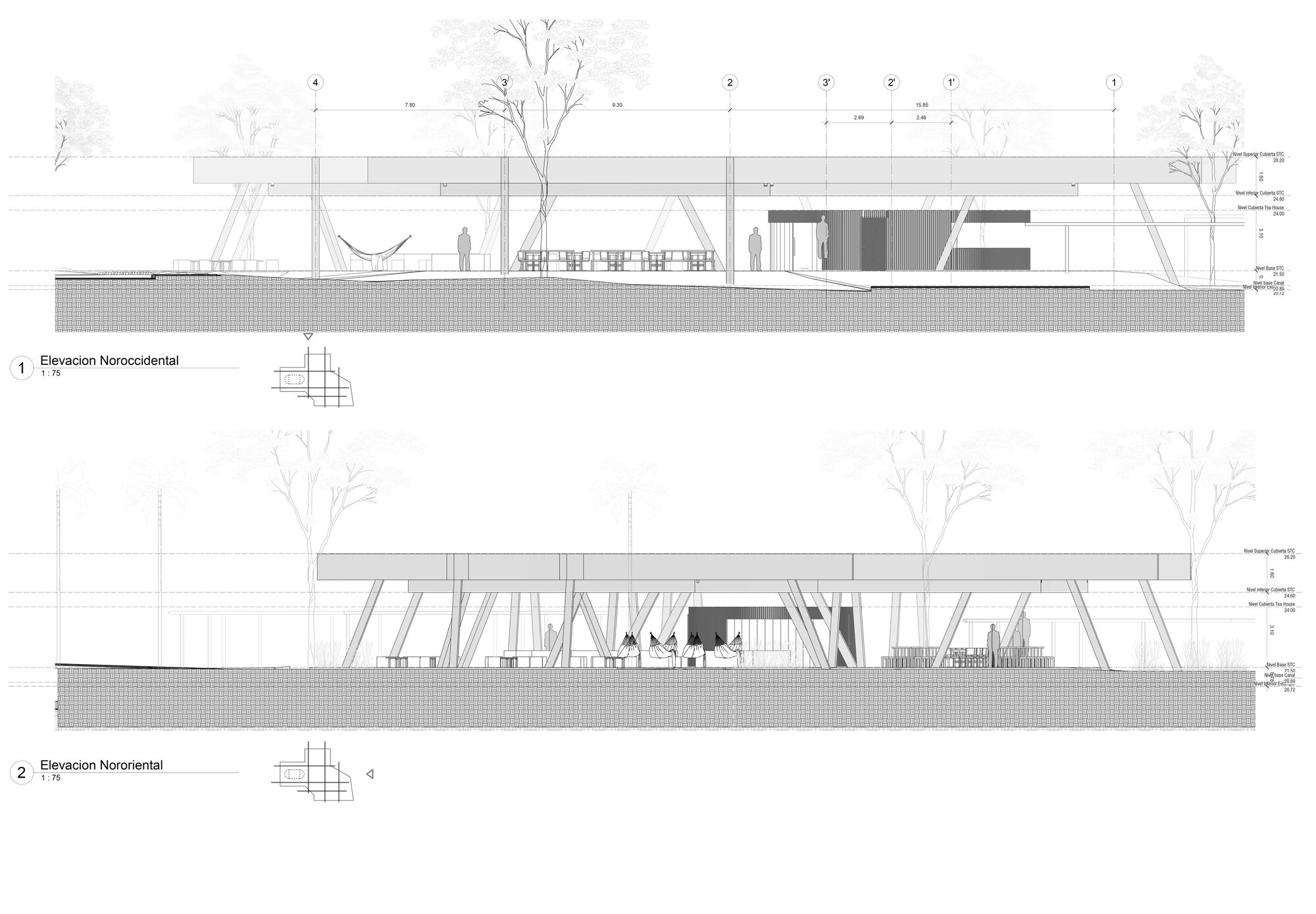 Elevation drawings of a long flat roof on slanted timber props, with hammocks, tables and a dark enclosed volume among trees