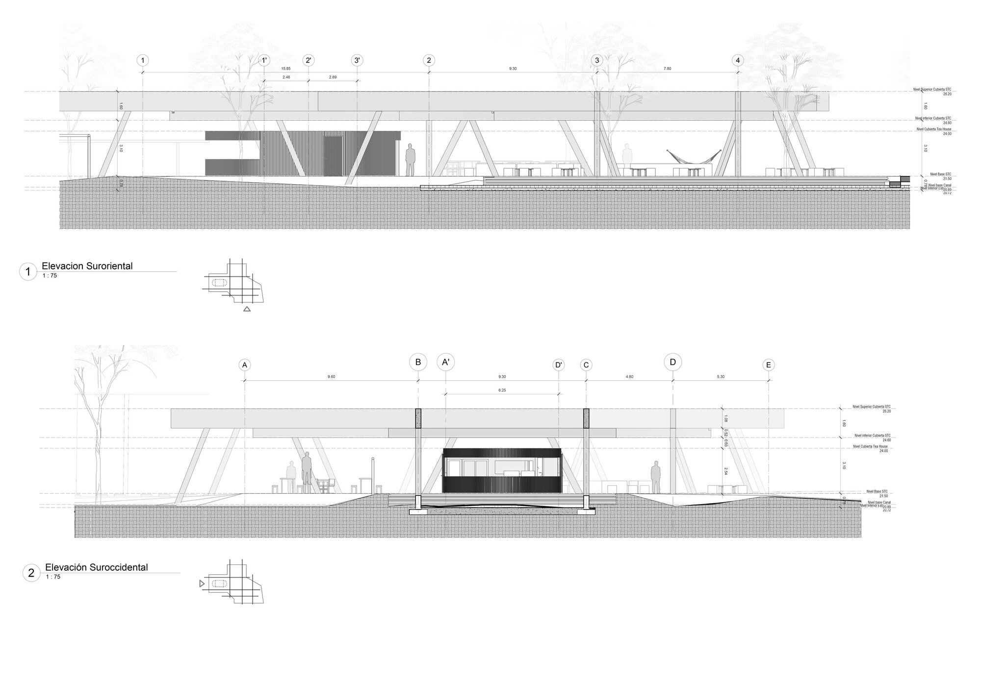 Two elevation drawings showing the thick floating roof on angled supports above a dark enclosed box, with hammock and standing figures