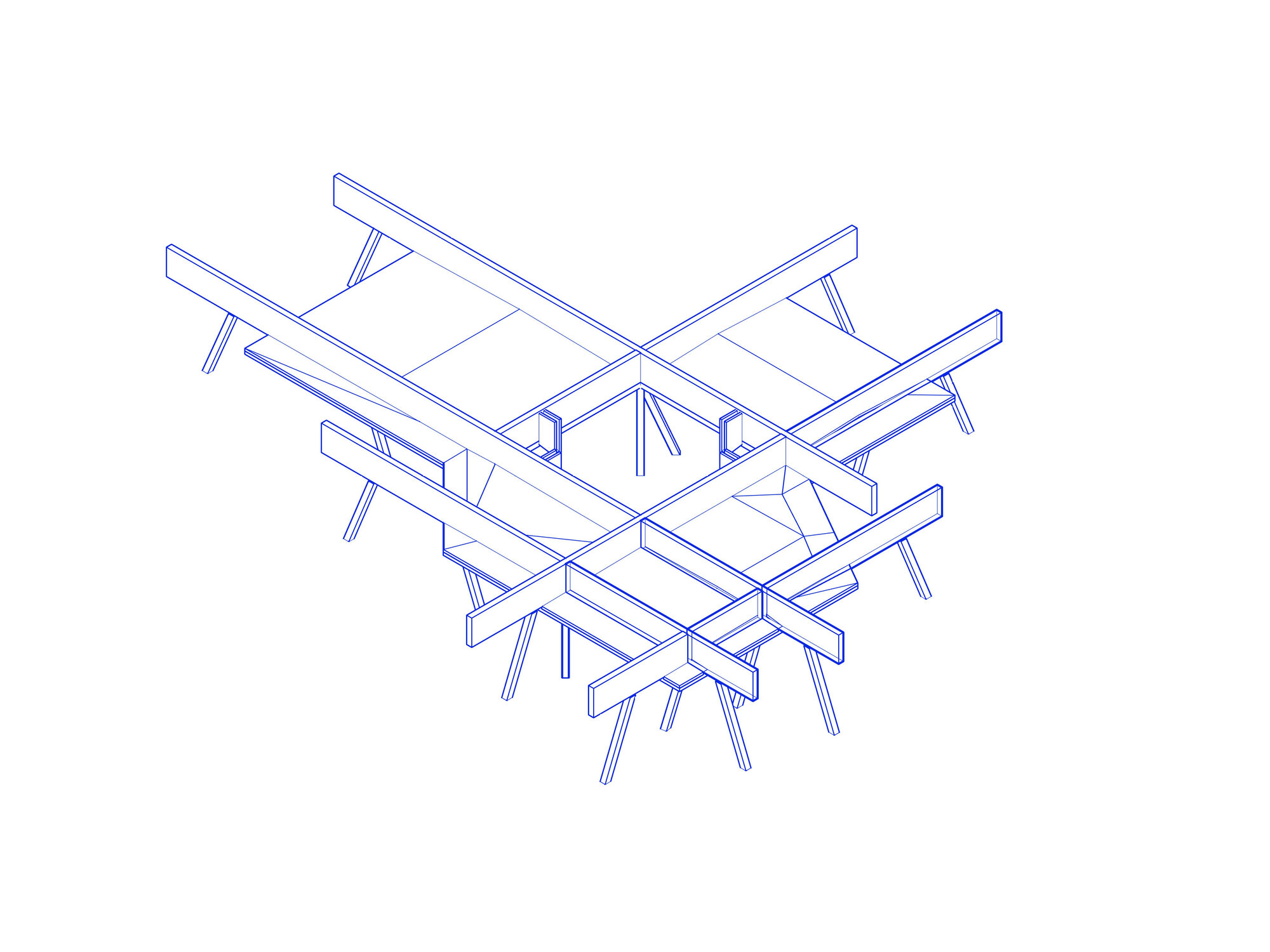 Isometric drawing in blue line of crossing roof beams and slanted props around a central square opening
