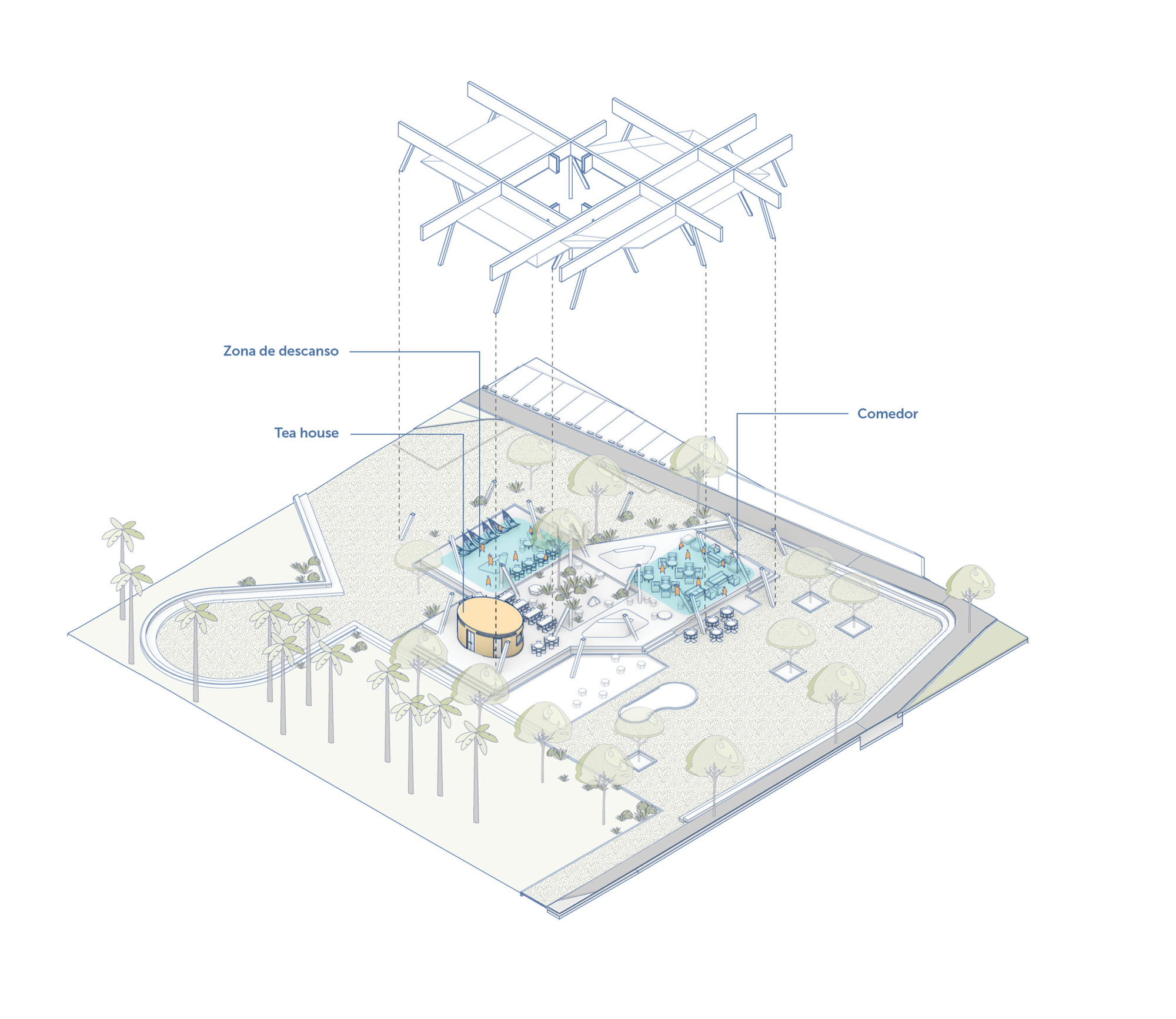Exploded axonometric drawing lifting the crossed beam roof above a landscaped site with rest area, tea house, dining zone and palms