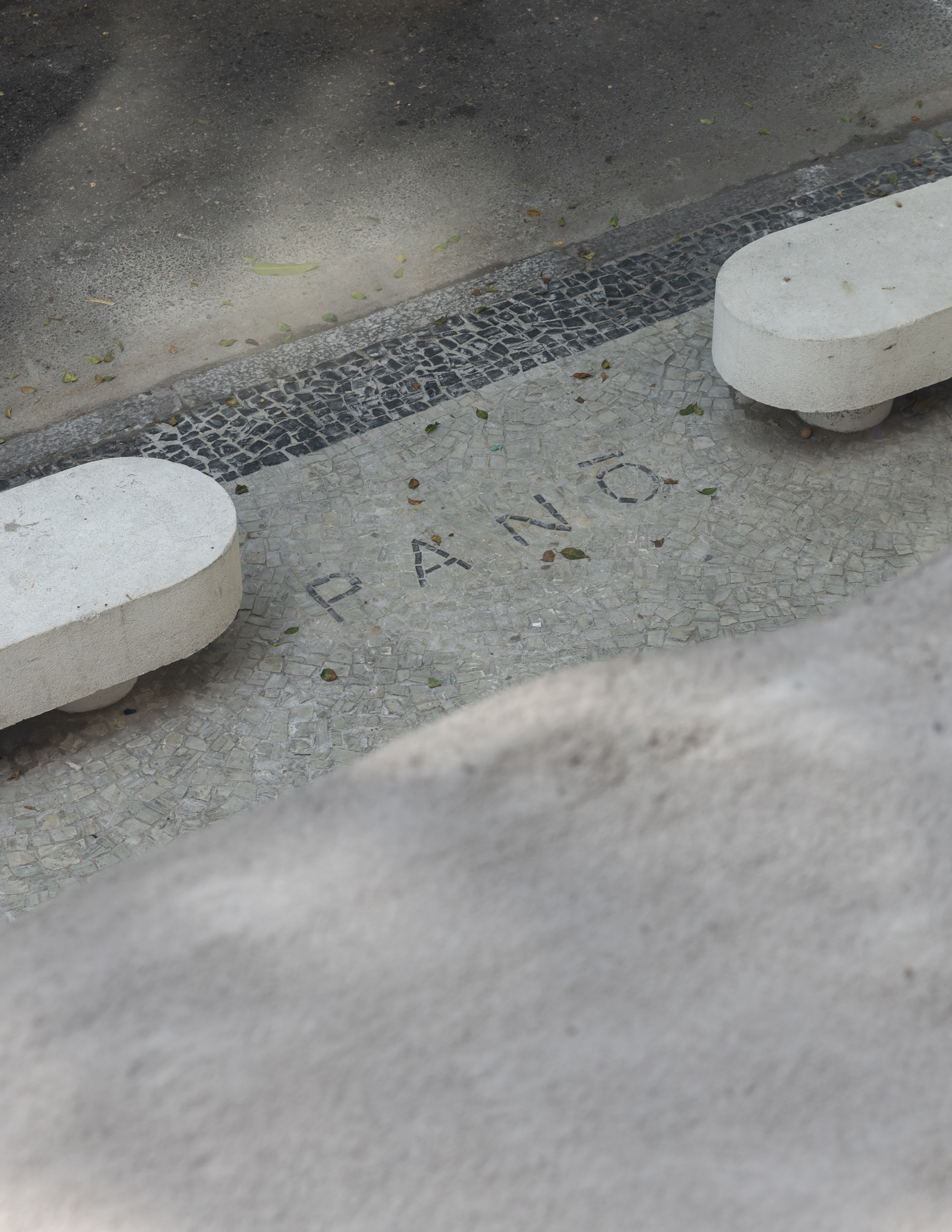 Close-up of lettering set into small-stone pavement between two rounded stone benches, with fallen leaves and a black mosaic border
