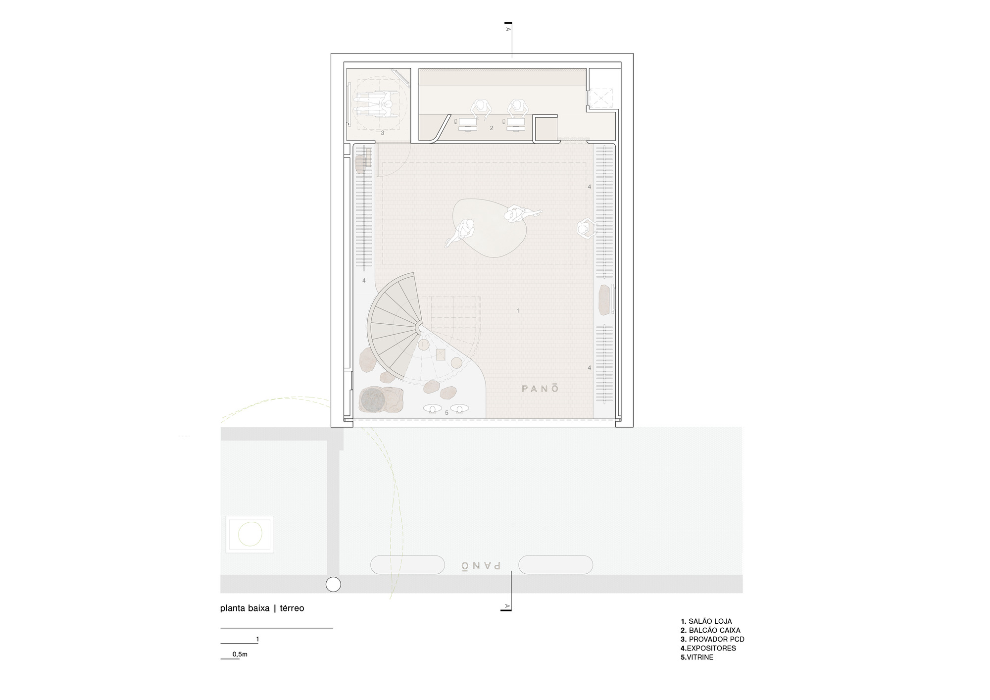Ground floor plan drawing of a store showing a spiral staircase, display tables, cashier counter and a fitting room beside the entrance