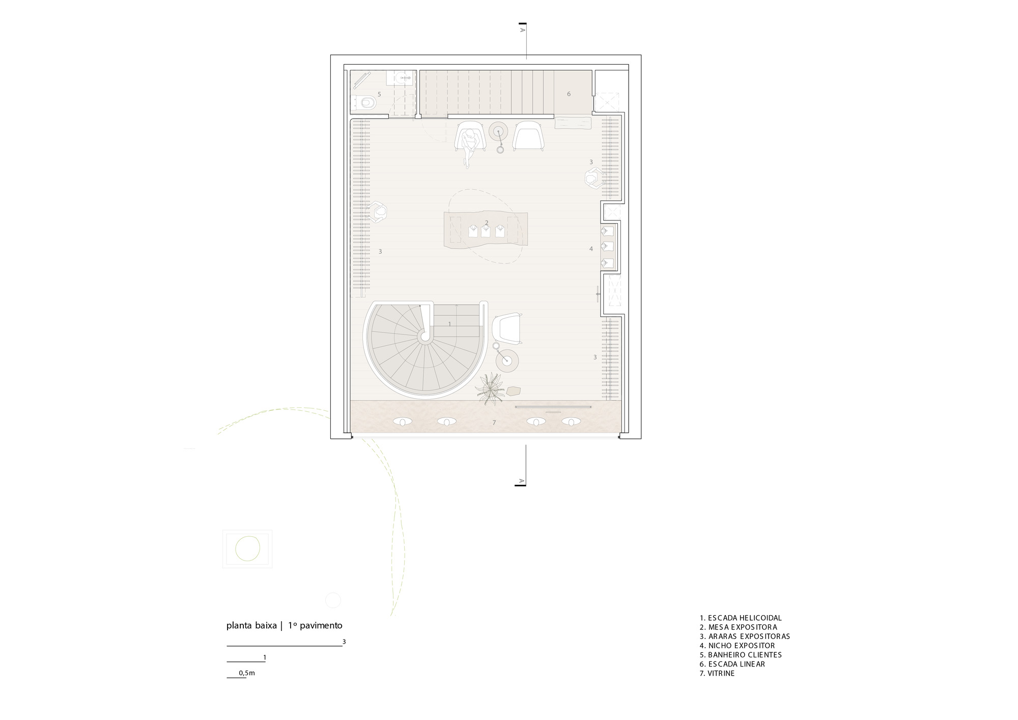 First floor plan drawing showing a central display table, a spiral staircase, clothing racks, a client bathroom and a linear stair