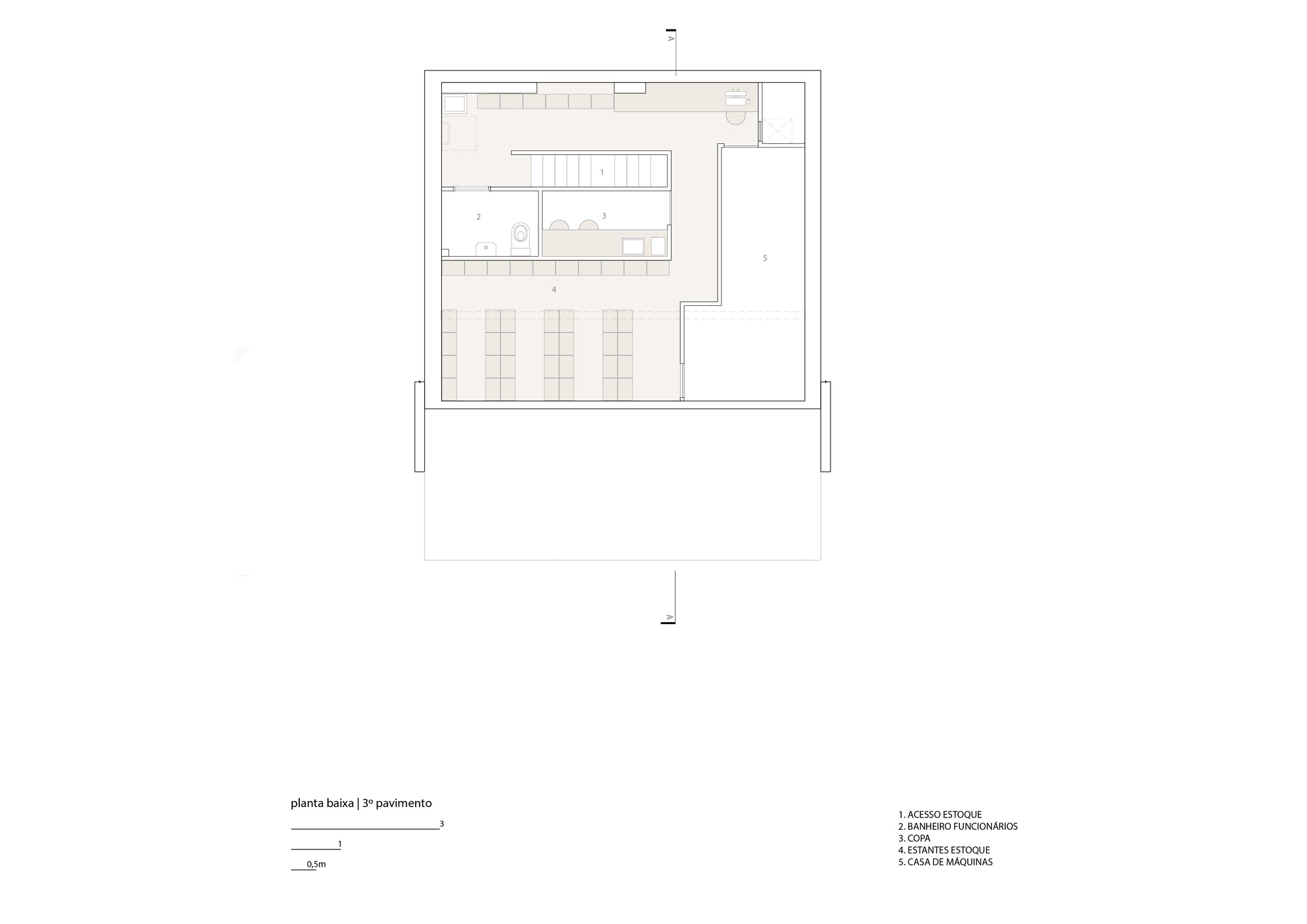 Third floor plan drawing showing stock shelving, staff bathroom, pantry, linear stair and a machine room beside an open terrace
