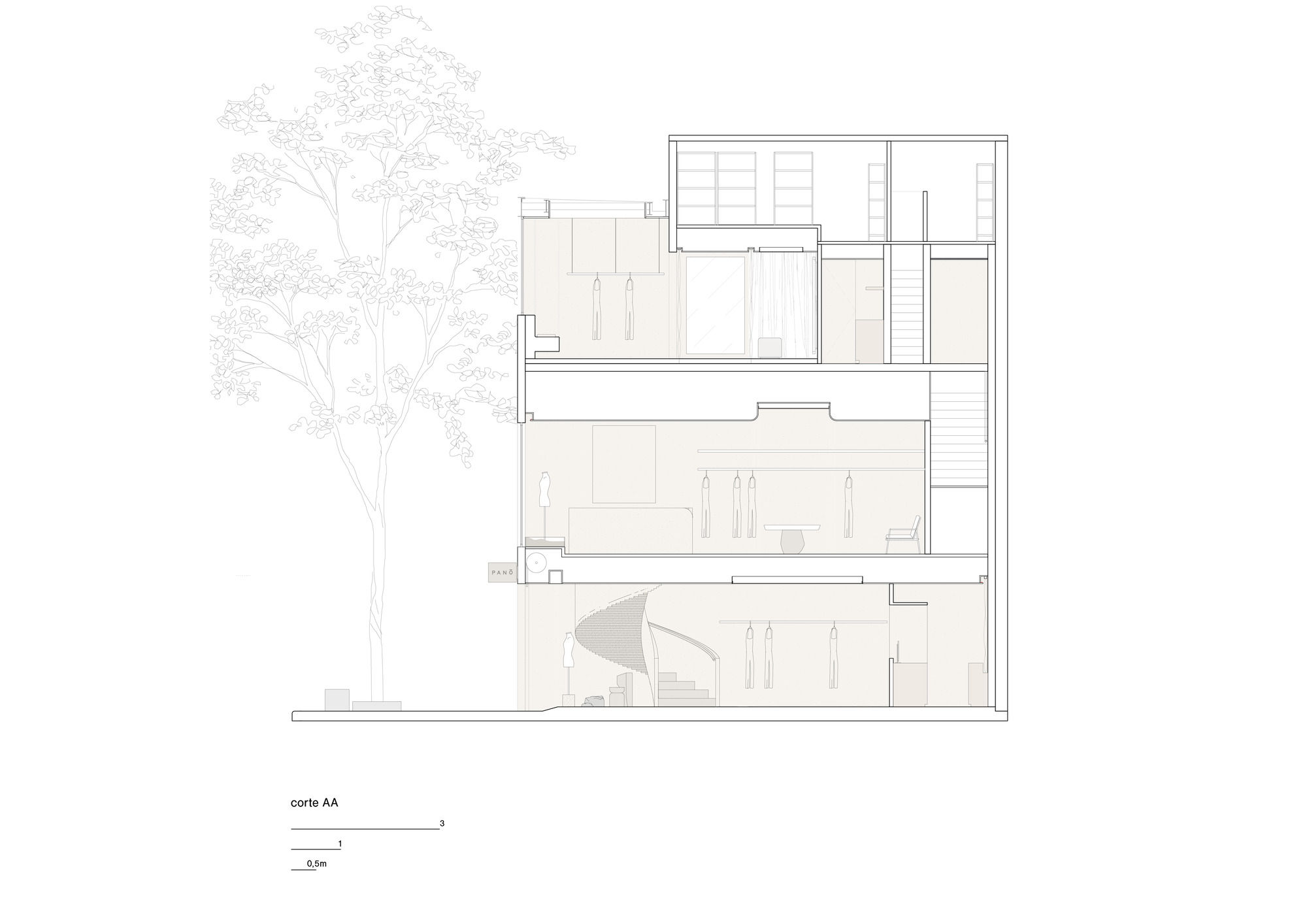 Section drawing AA cutting through a multi-storey shop, with a spiral stair, hanging pendants and a line-drawn tree beside the facade