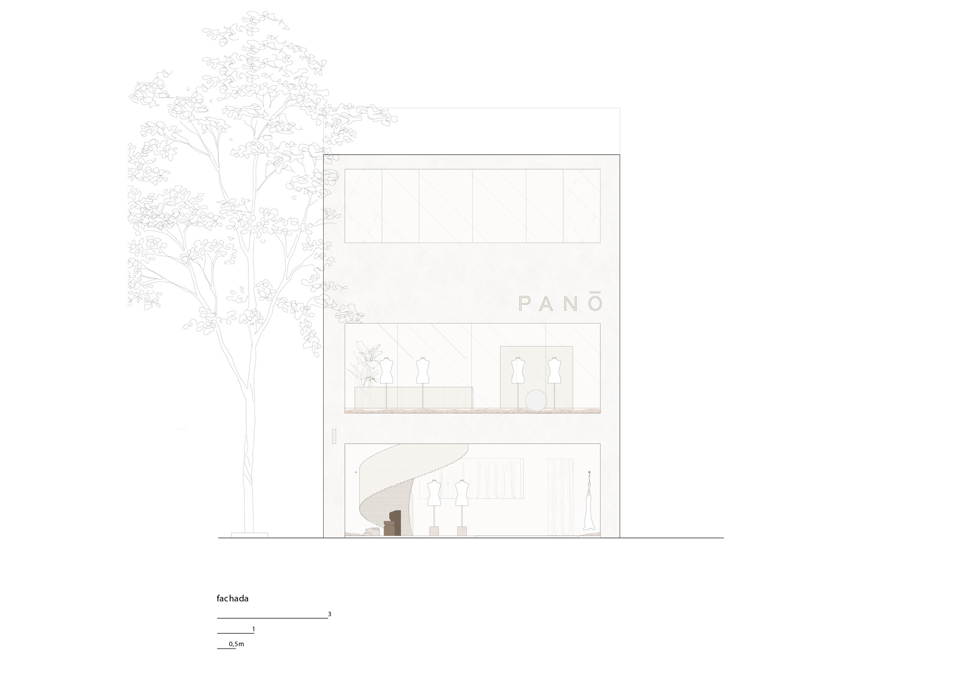 Elevation drawing of a three-storey shop facade with glazed floors, mannequins, a spiral stair on the ground level and a line-drawn tree beside it