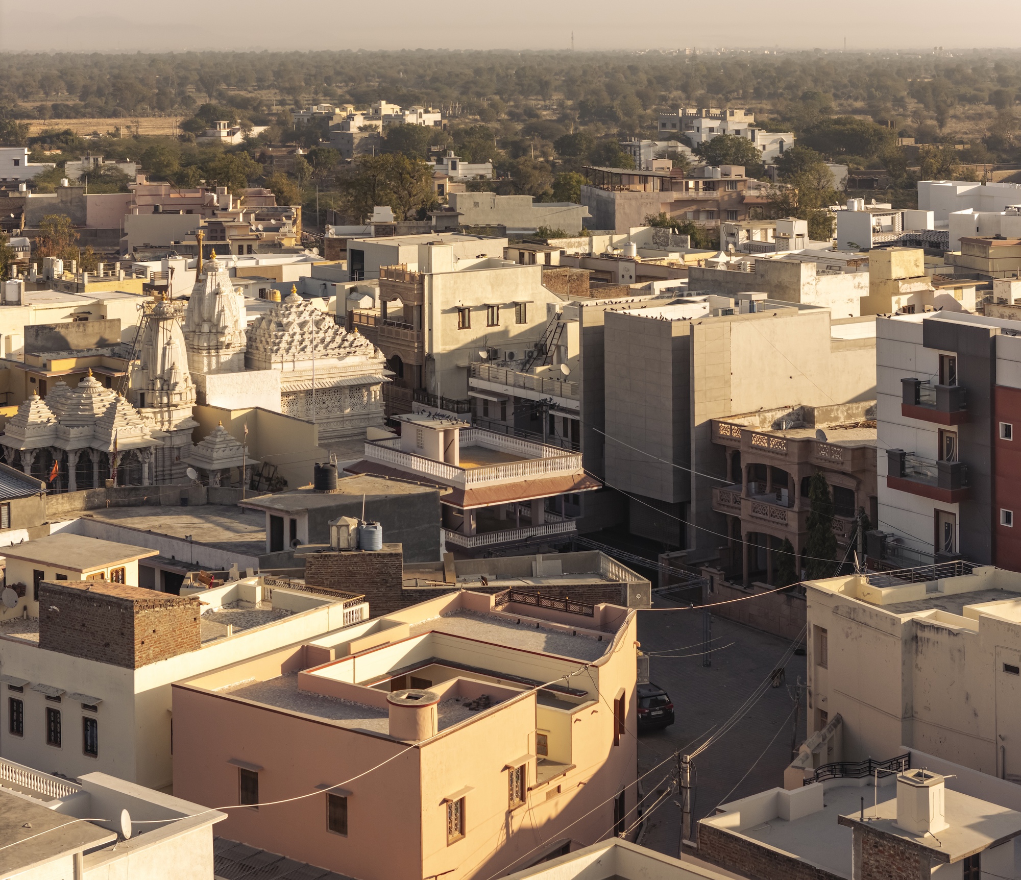 Elevated view over low rooftops and white temple spires in warm low sun, with scrubby trees stretching to the horizon