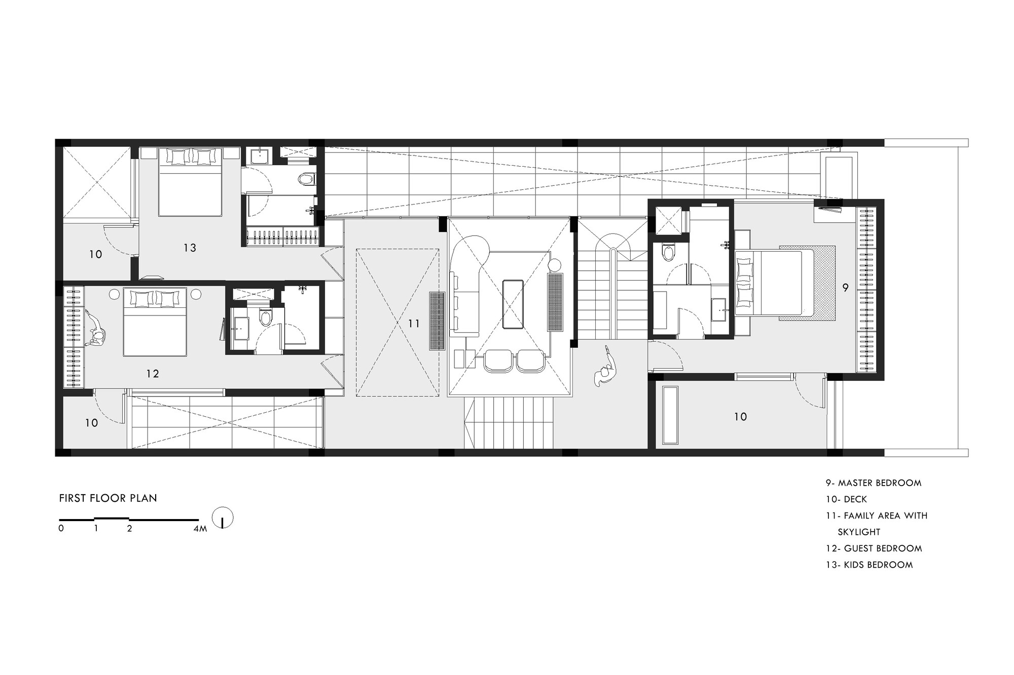 First floor plan drawing showing bedrooms with bathrooms, decks, a skylit family area and a central staircase along a narrow plot