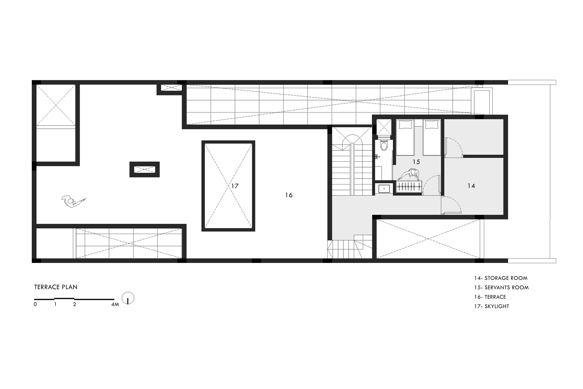 Terrace plan drawing showing an open roof terrace, two skylights, a servants room and storage rooms beside the stair
