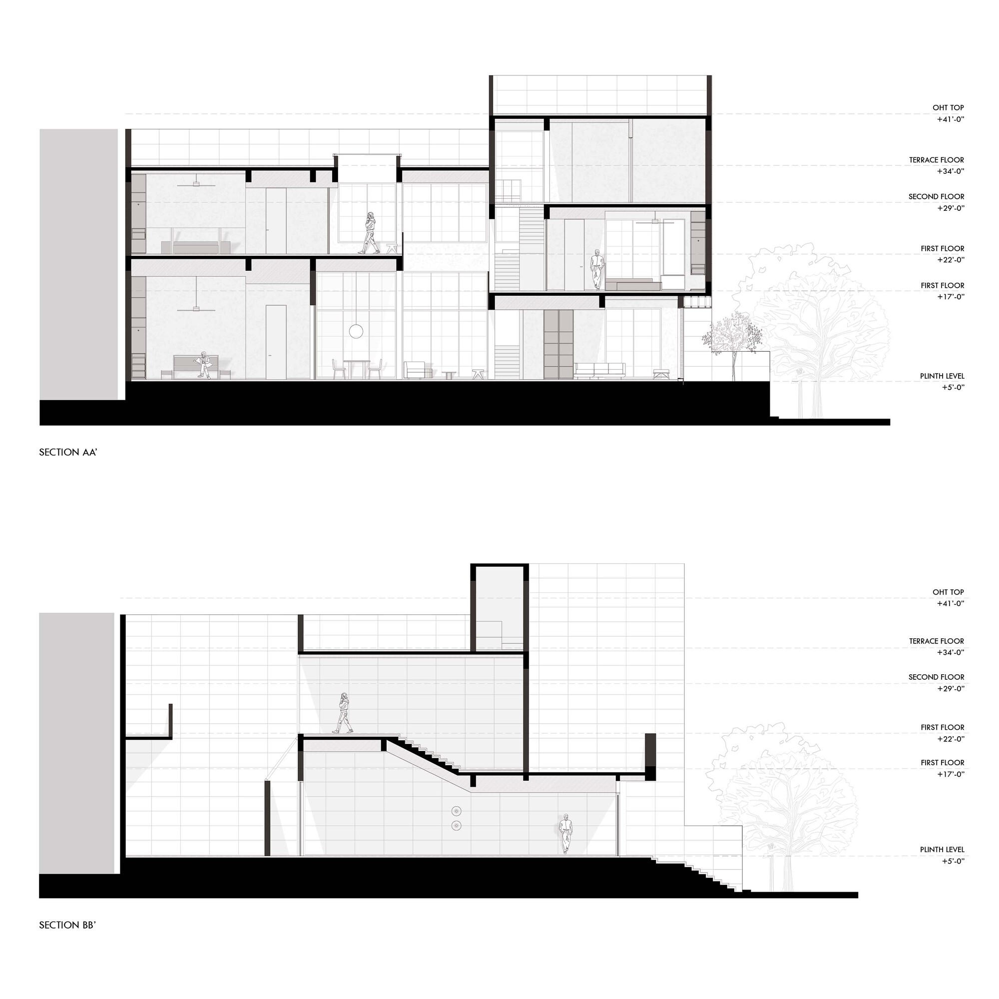 Two section drawings, AA and BB, showing stacked floor levels, a stair, double-height spaces and a tree beside the house