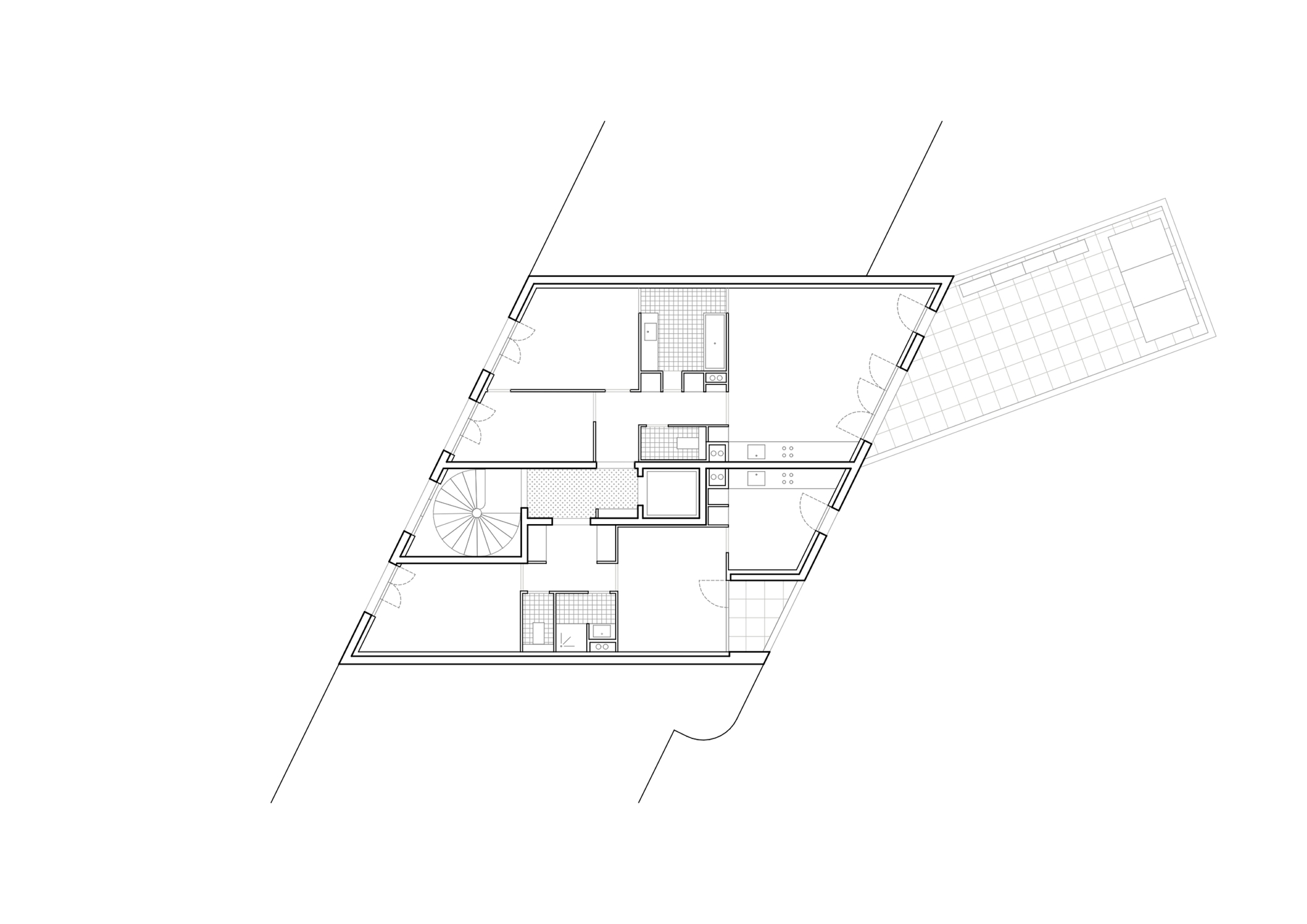 Floor plan drawing of a parallelogram-shaped apartment level with a spiral stair, bathrooms, kitchens and a gridded terrace on one side