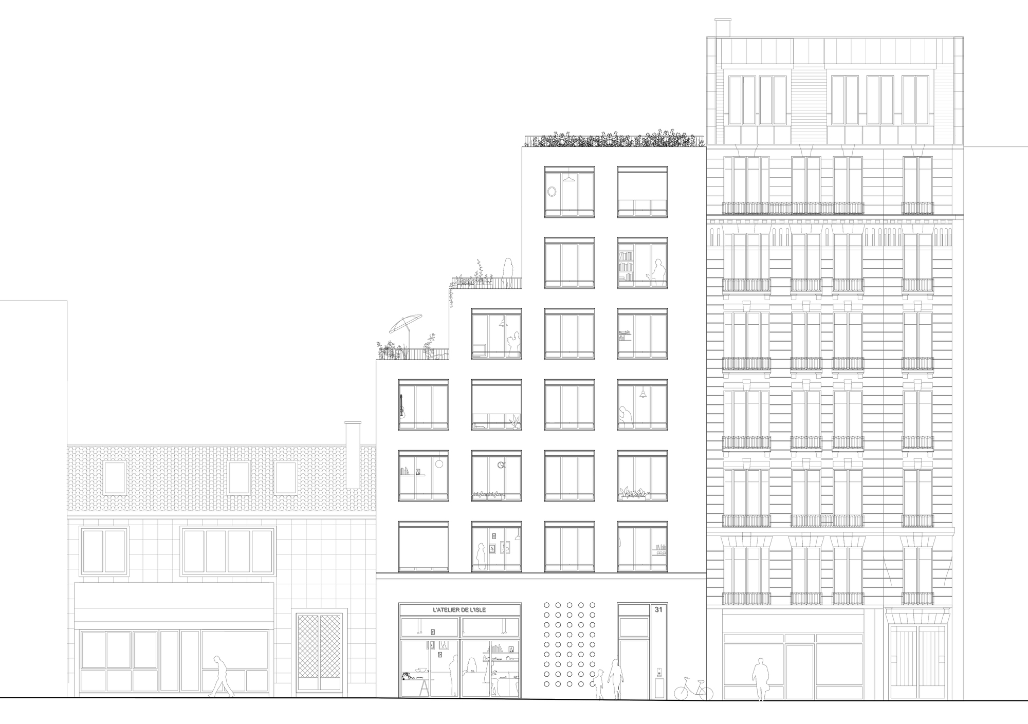 Street elevation drawing of a stepped residential block with a ground-floor shop, set between a low neighbor and a taller ornate building