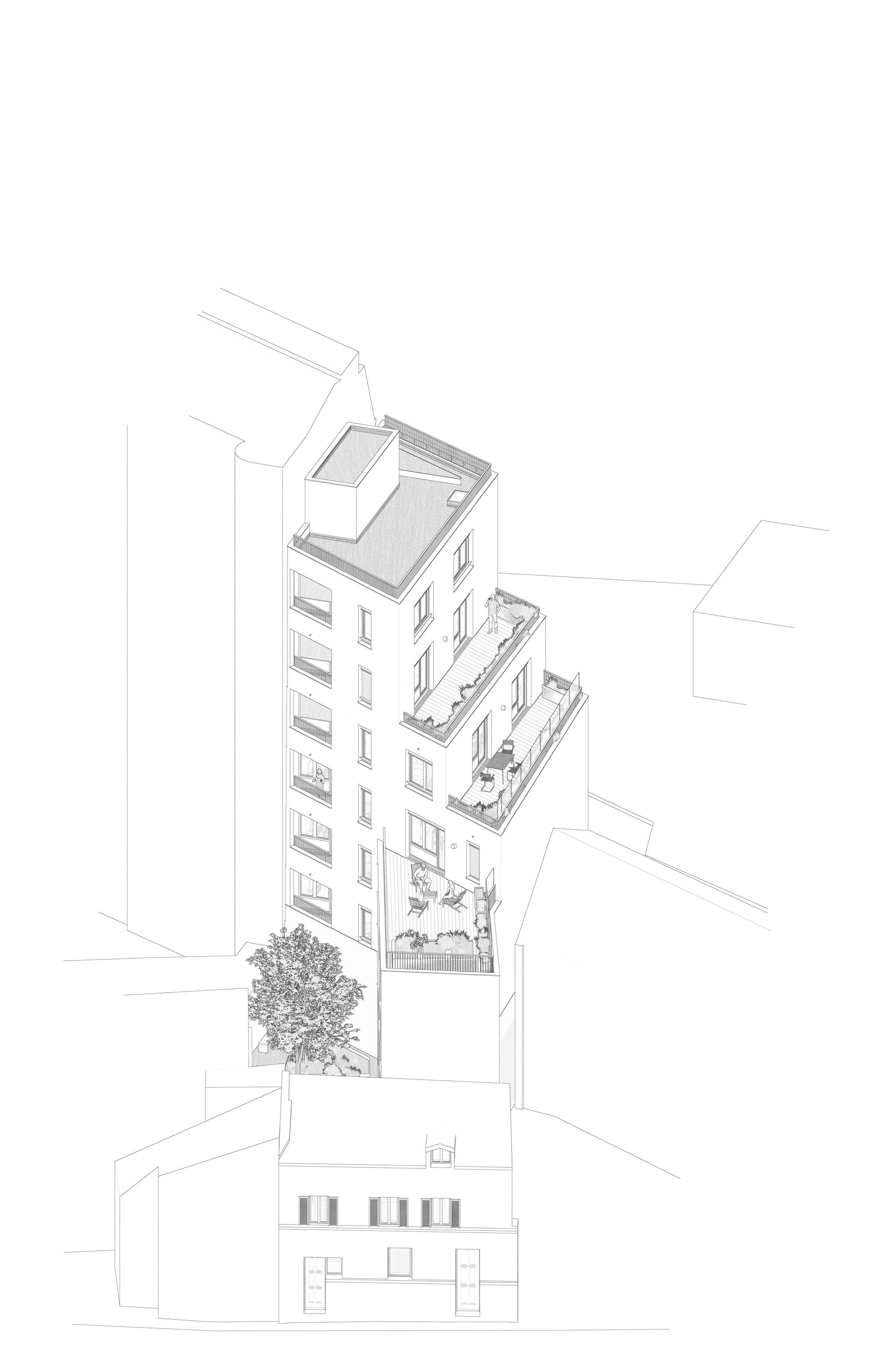 Axonometric drawing of a narrow tower with stepped rooftop terraces, a courtyard tree and low neighbouring houses in the foreground