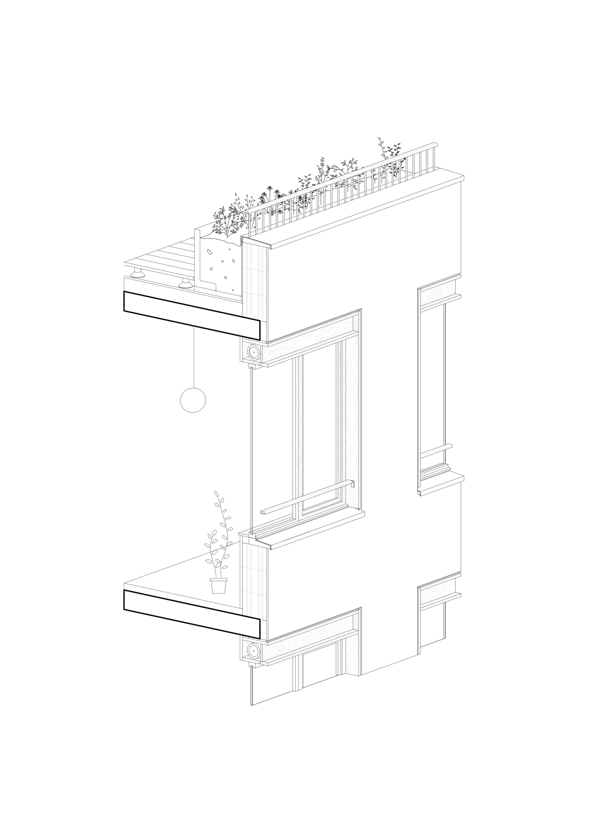 Axonometric section drawing of a facade fragment showing two cantilevered balconies, window openings and a planted railing on the upper terrace