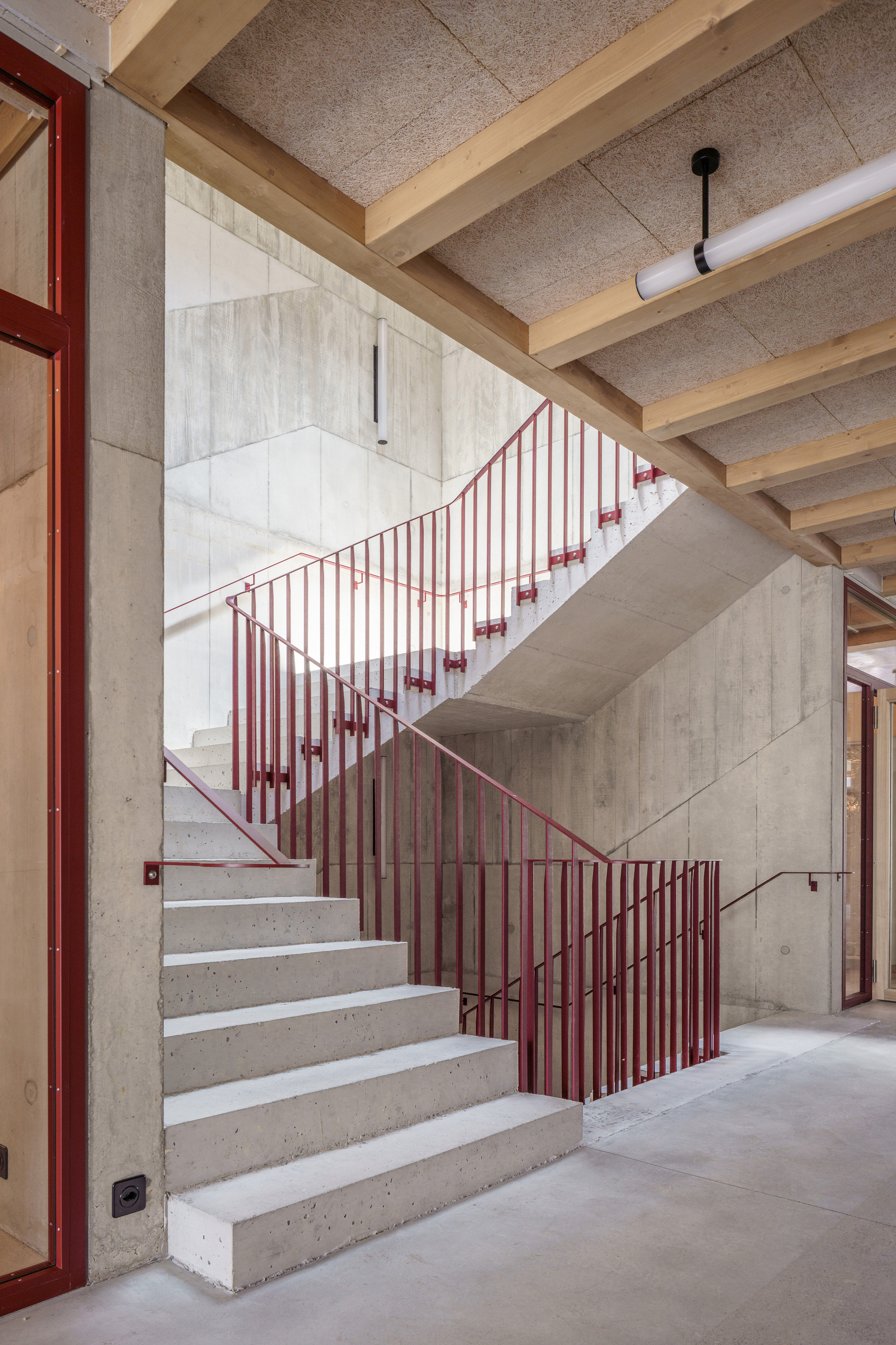 Concrete staircase with red steel balustrade rising beneath a timber beam ceiling, lit by soft daylight from the side