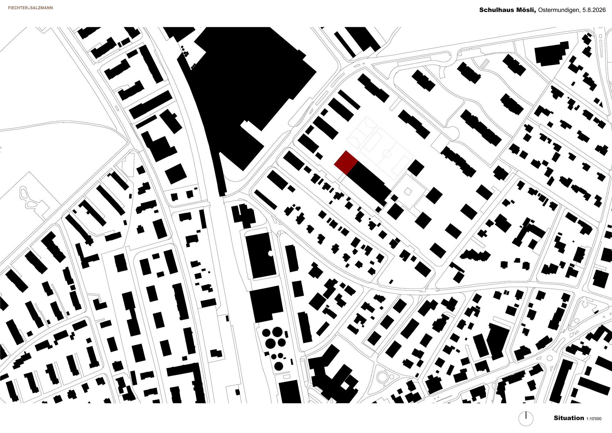 Site plan drawing showing surrounding building footprints in black with one volume highlighted in red among streets and housing blocks