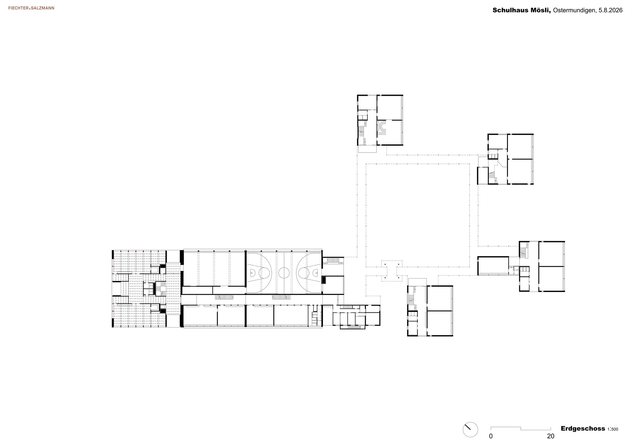 Ground floor plan drawing showing a long gymnasium wing and four separate classroom pavilions around a central open square