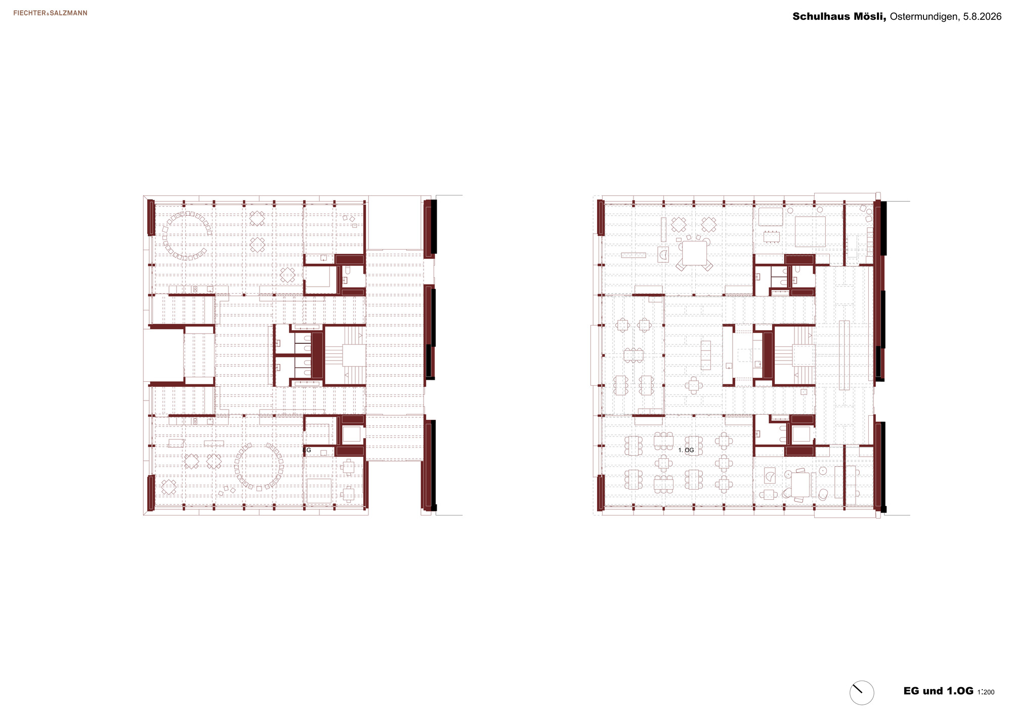 Floor plan drawing of ground and first floors showing central stair cores, thick maroon walls and furnished classroom and common spaces