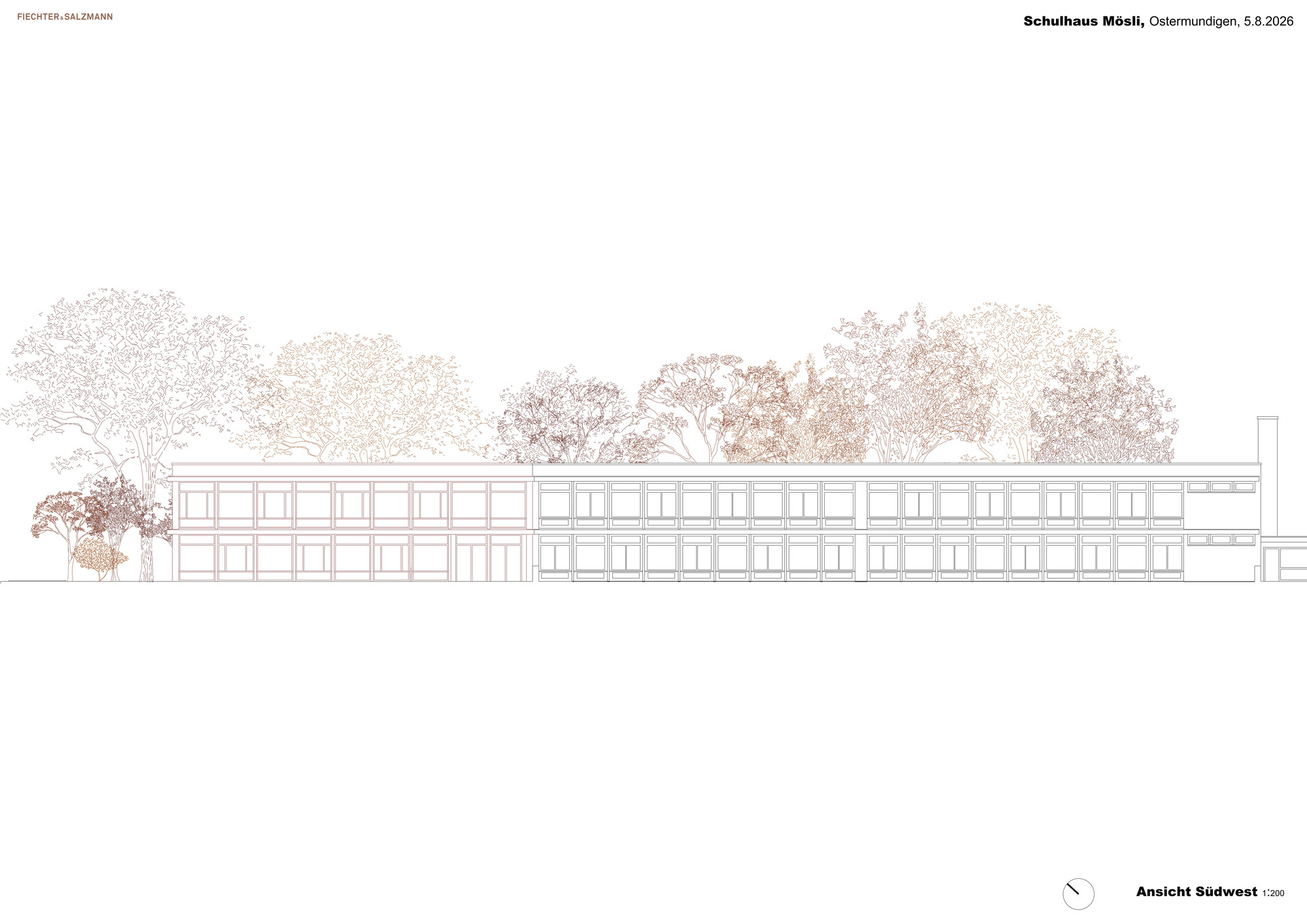 Elevation drawing of a two-storey long facade with regular window bands, partly screened by autumn-coloured trees drawn behind and in front