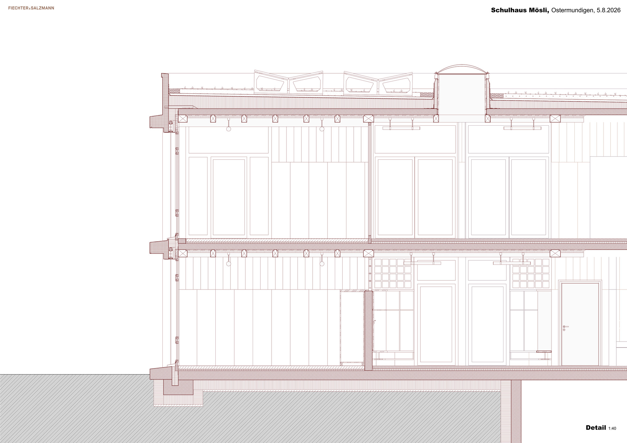 Detail section drawing at 1:40 through a two-storey building, showing roof skylights, floor slabs, tall windows, a door and the foundation