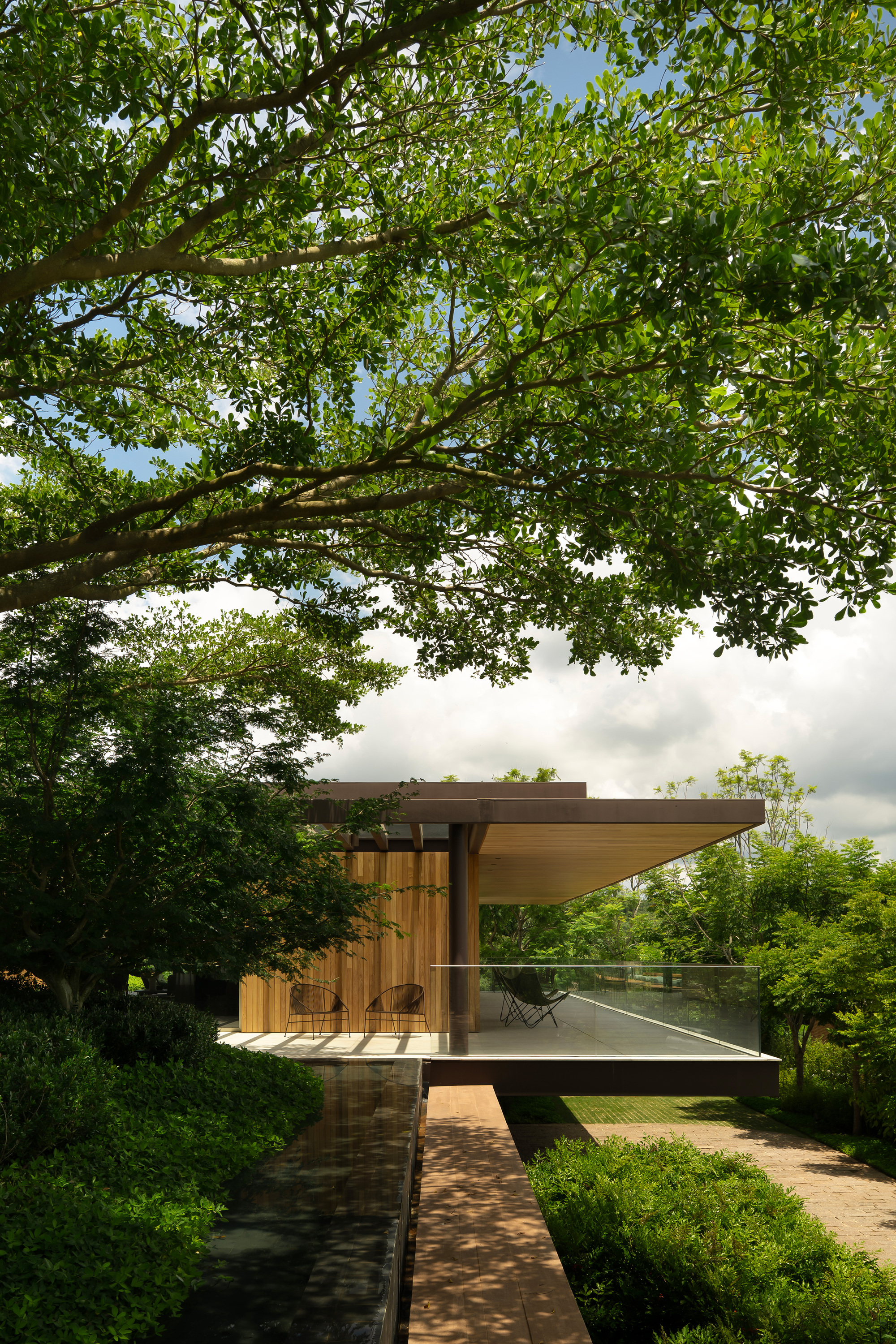 Glass-railed timber pavilion with a flat cantilevered roof, reached by a brick path beneath a large tree canopy