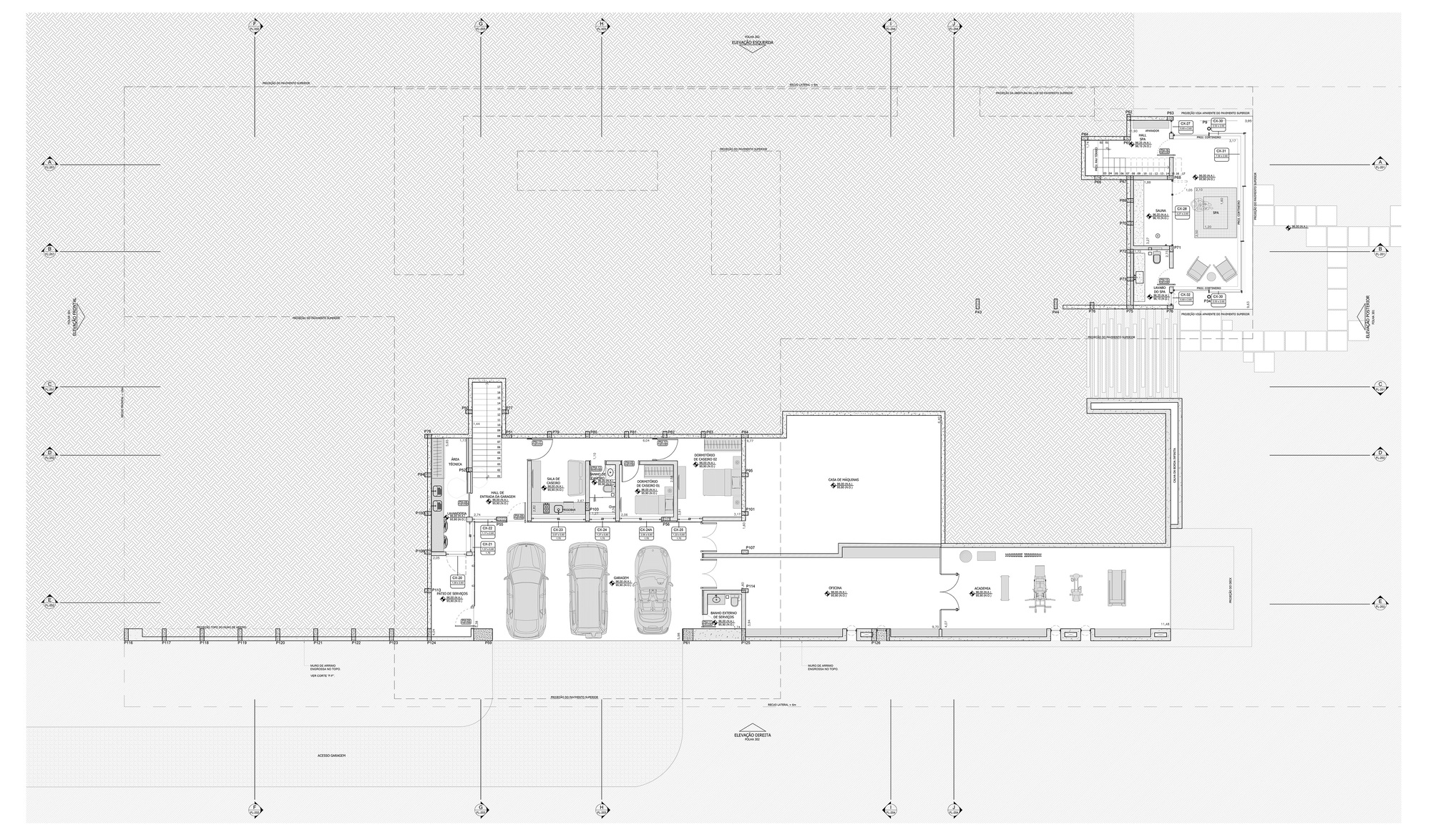 Floor plan drawing showing a garage with three parked cars, service rooms and a gym wing, with a separate small pavilion at upper right
