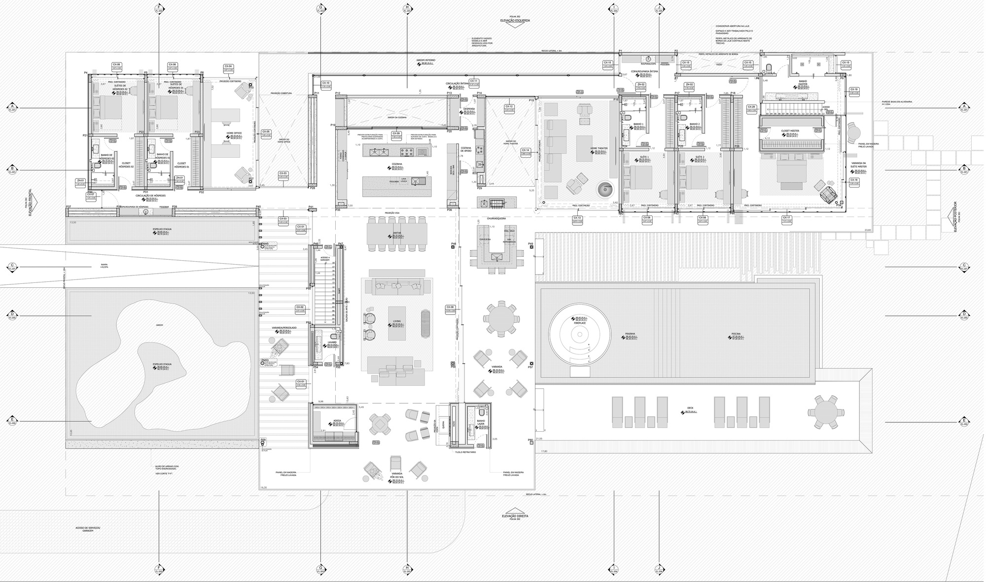 Floor plan drawing of a single-storey house with bedroom wings, a central living and dining area, a rectangular pool with loungers and a rounded pond