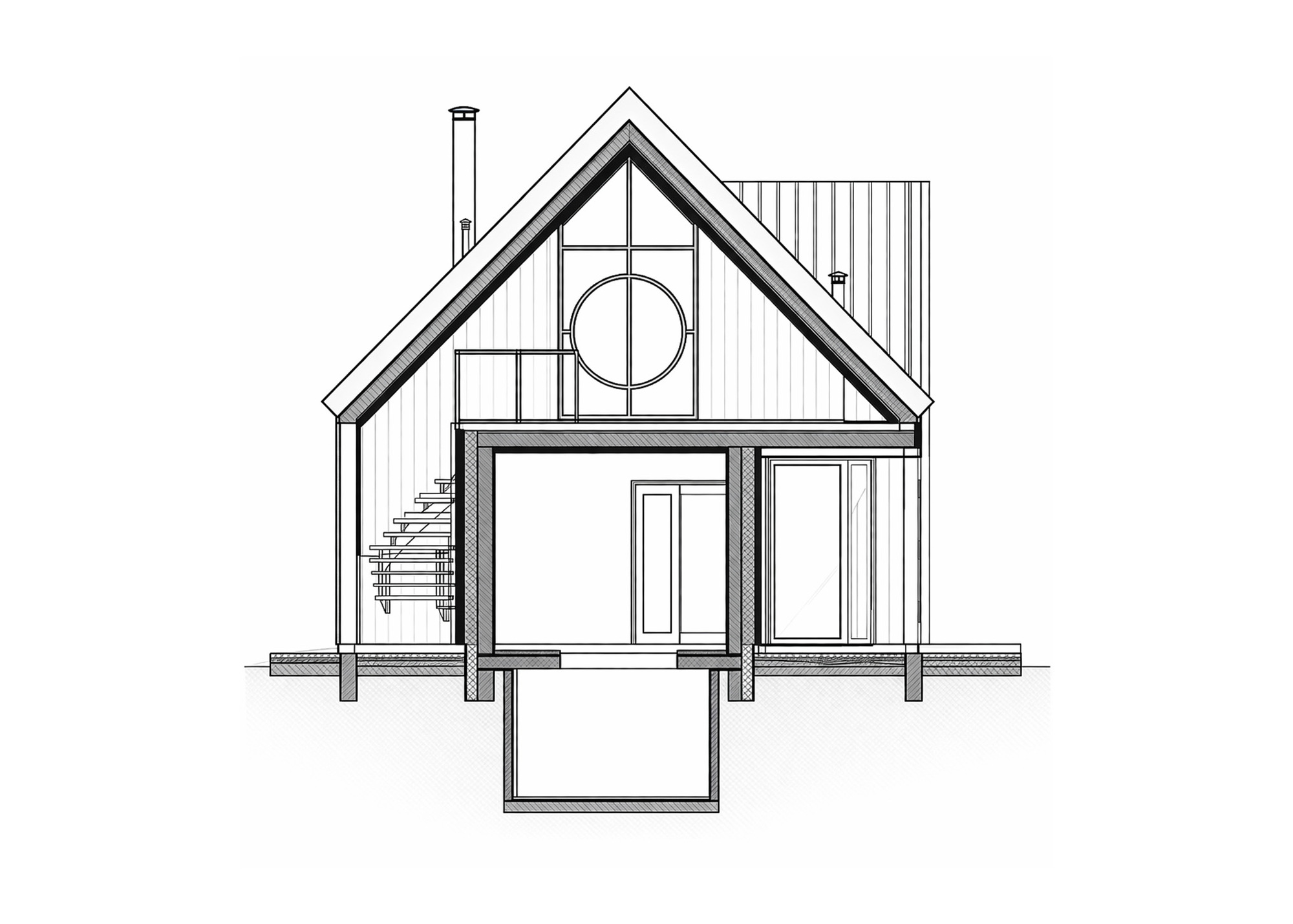 Section drawing of a gabled house with a round window in the upper gable, a spiral stair and a basement void below