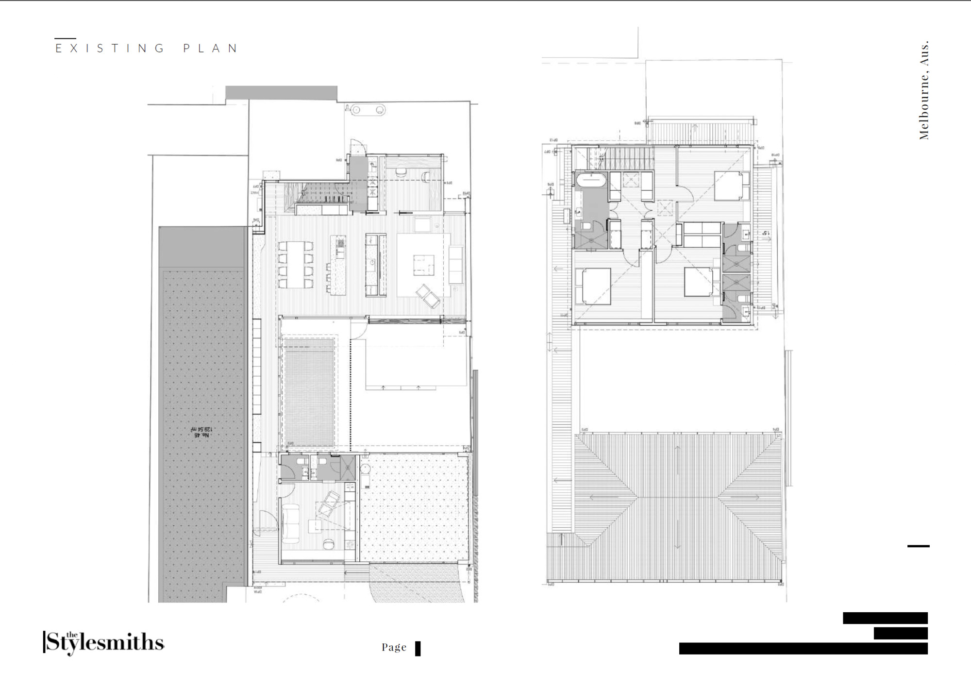 Existing plan drawing showing ground floor living spaces and courtyard beside an upper floor plan with bedrooms and a hipped roof
