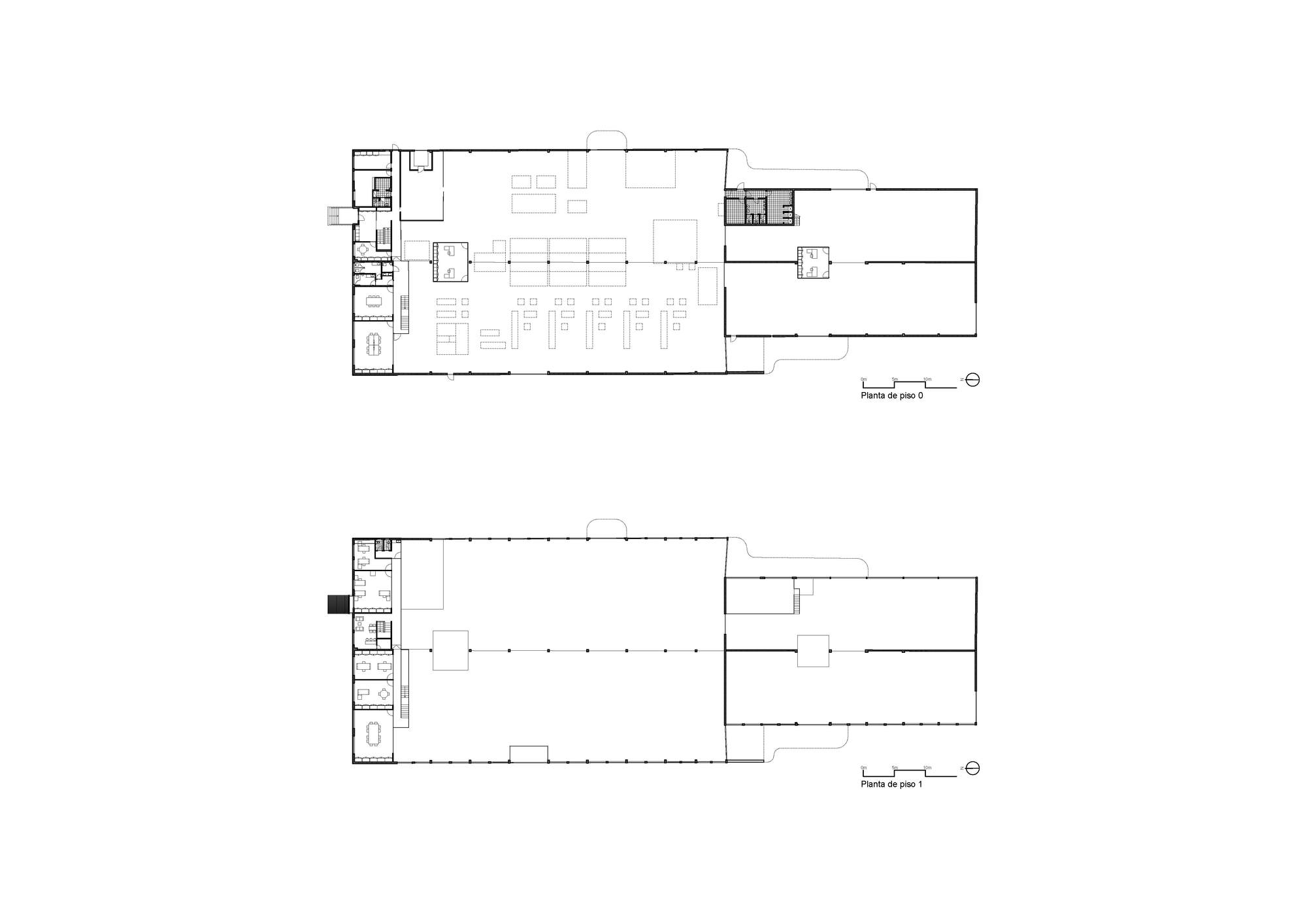 Floor plan drawing of two levels showing a long hall with a side annex, and an office block along one end