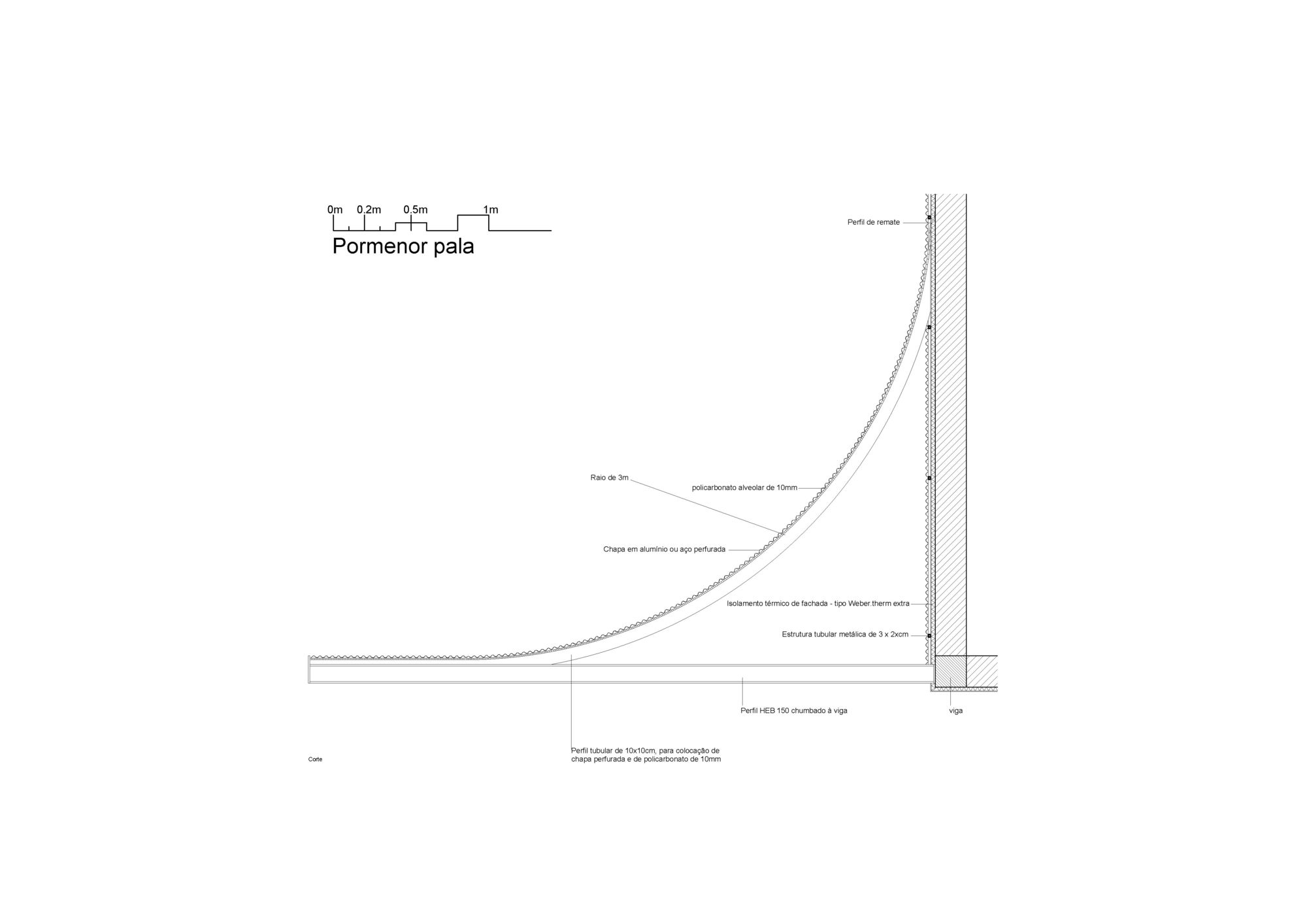 Section detail drawing of a canopy with a three-metre radius curve rising to a wall, with labelled layers and fixings
