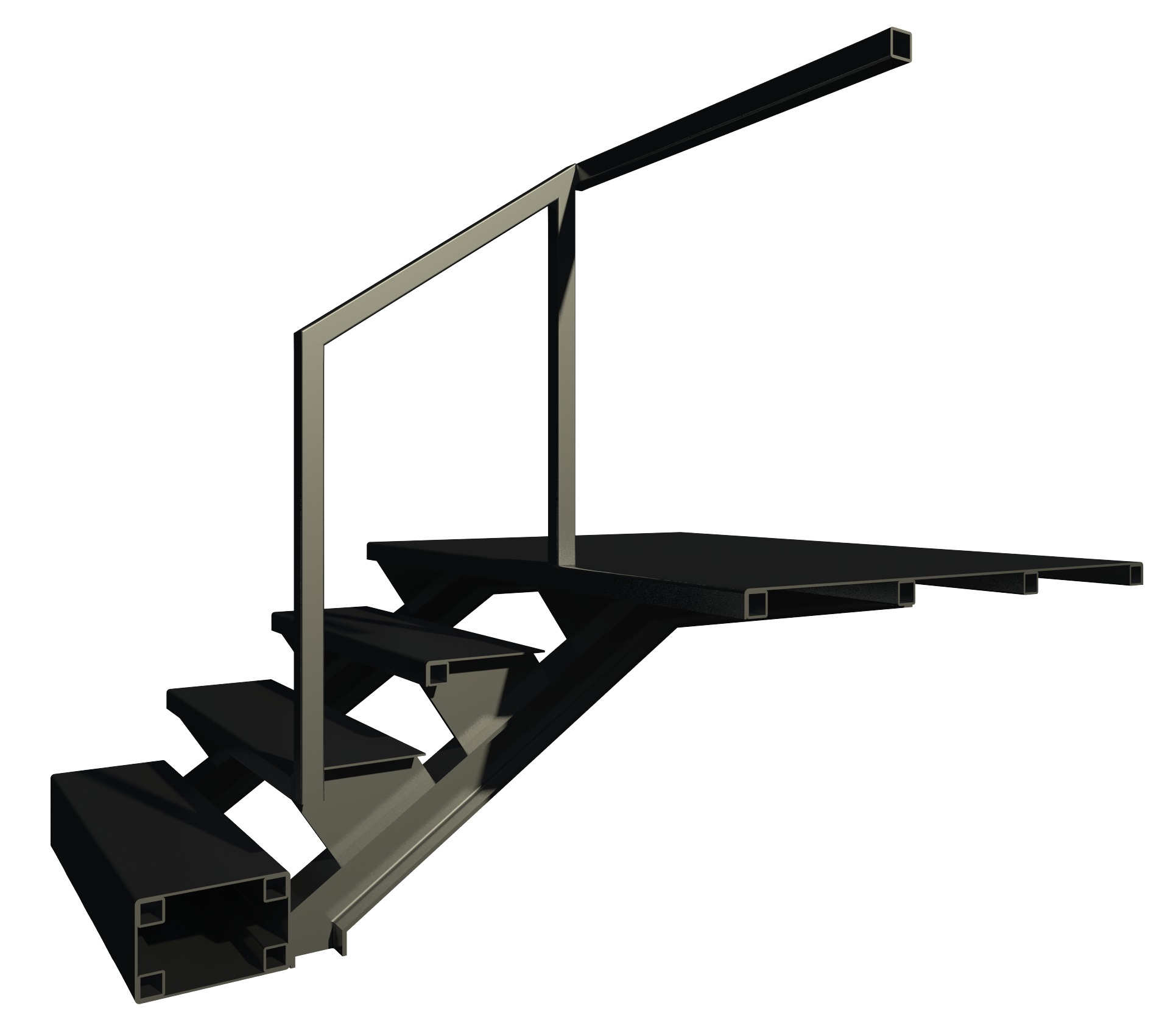Rendered axonometric of a steel stair with three treads, a landing platform and a square-tube handrail on a white ground